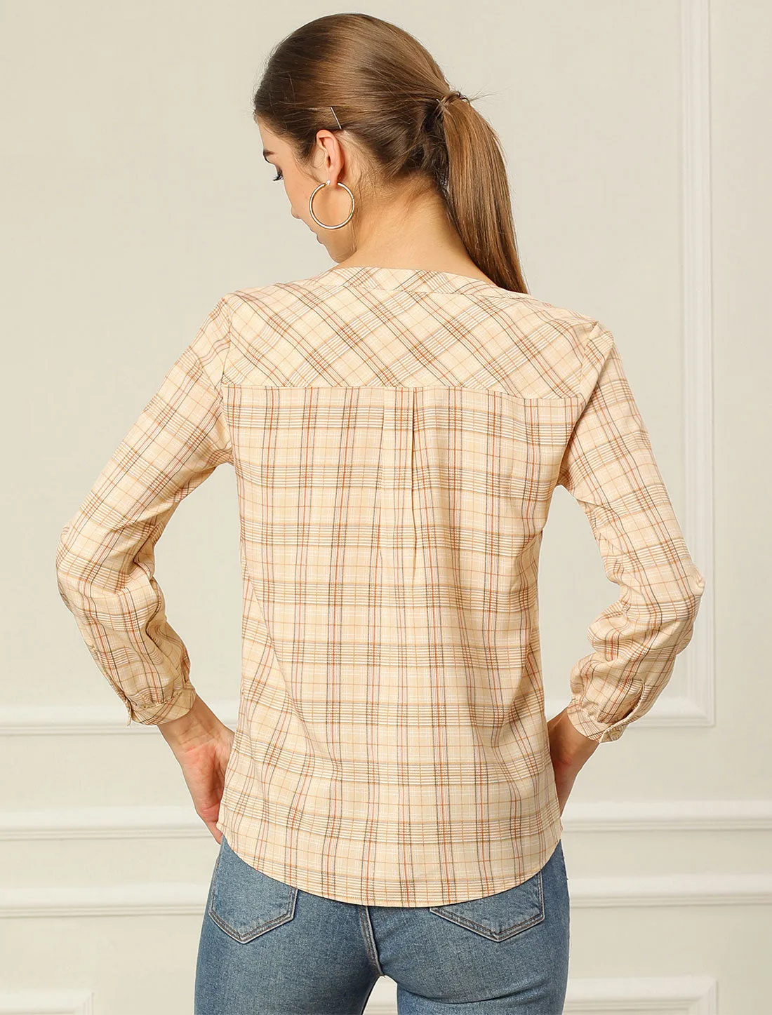 Christmas Plaid Shirt Button Up V Neck Long Sleeve Peasant Blouse