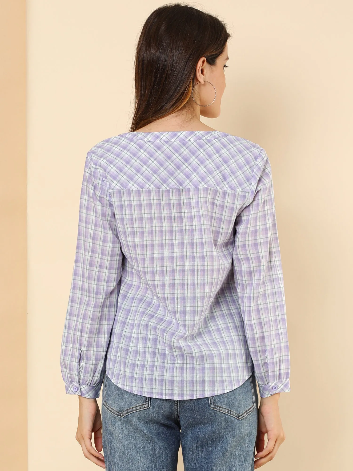 Christmas Plaid Shirt Button Up V Neck Long Sleeve Peasant Blouse