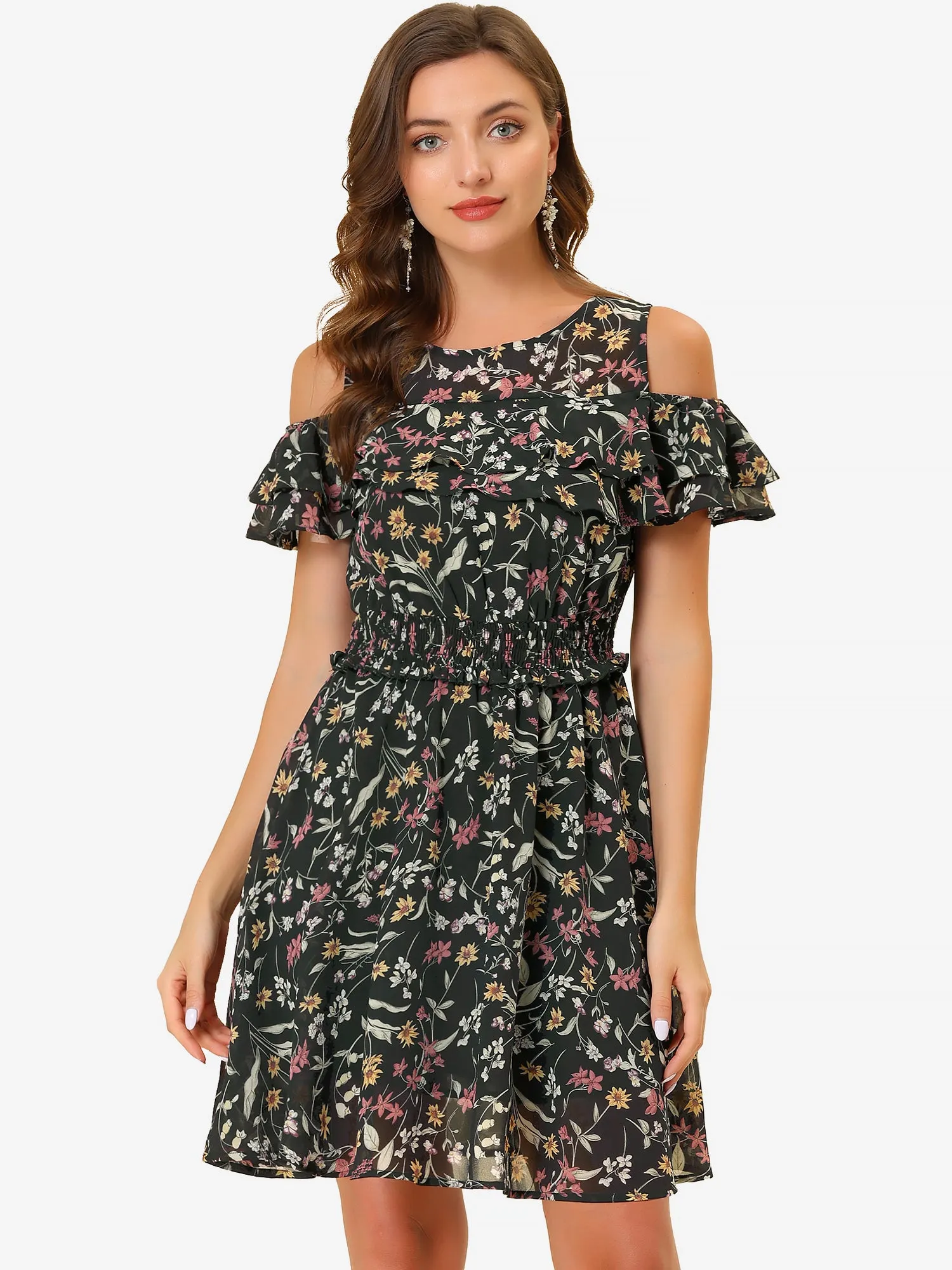 Cold Shoulder Summer Smocked Waist Chiffon Floral Mini Dress