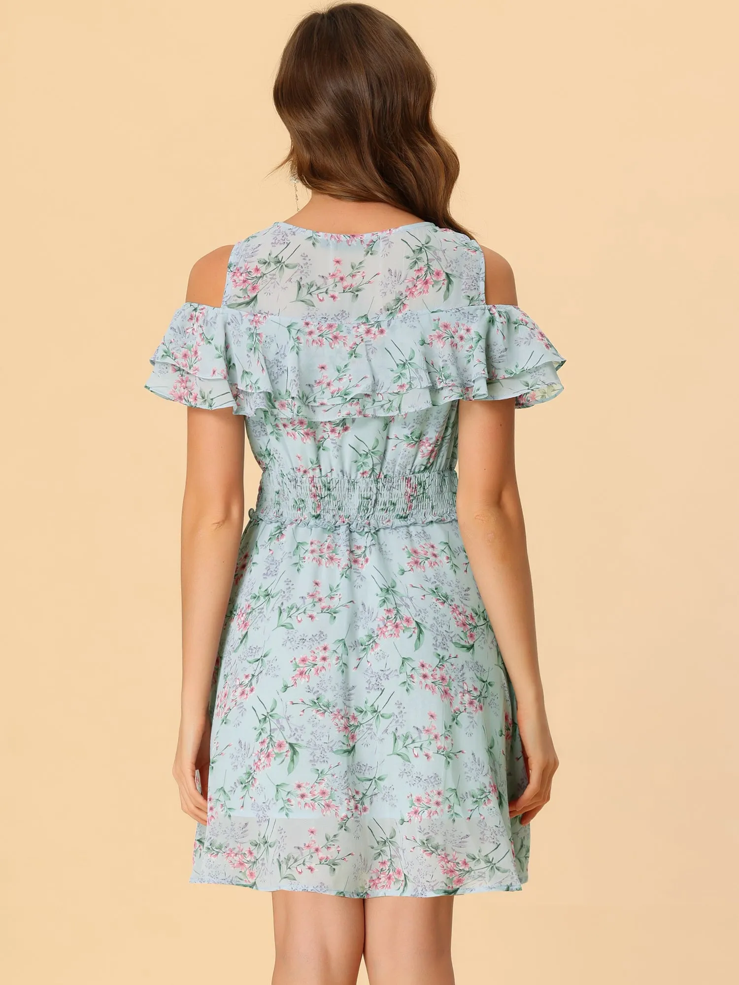 Cold Shoulder Summer Smocked Waist Chiffon Floral Mini Dress