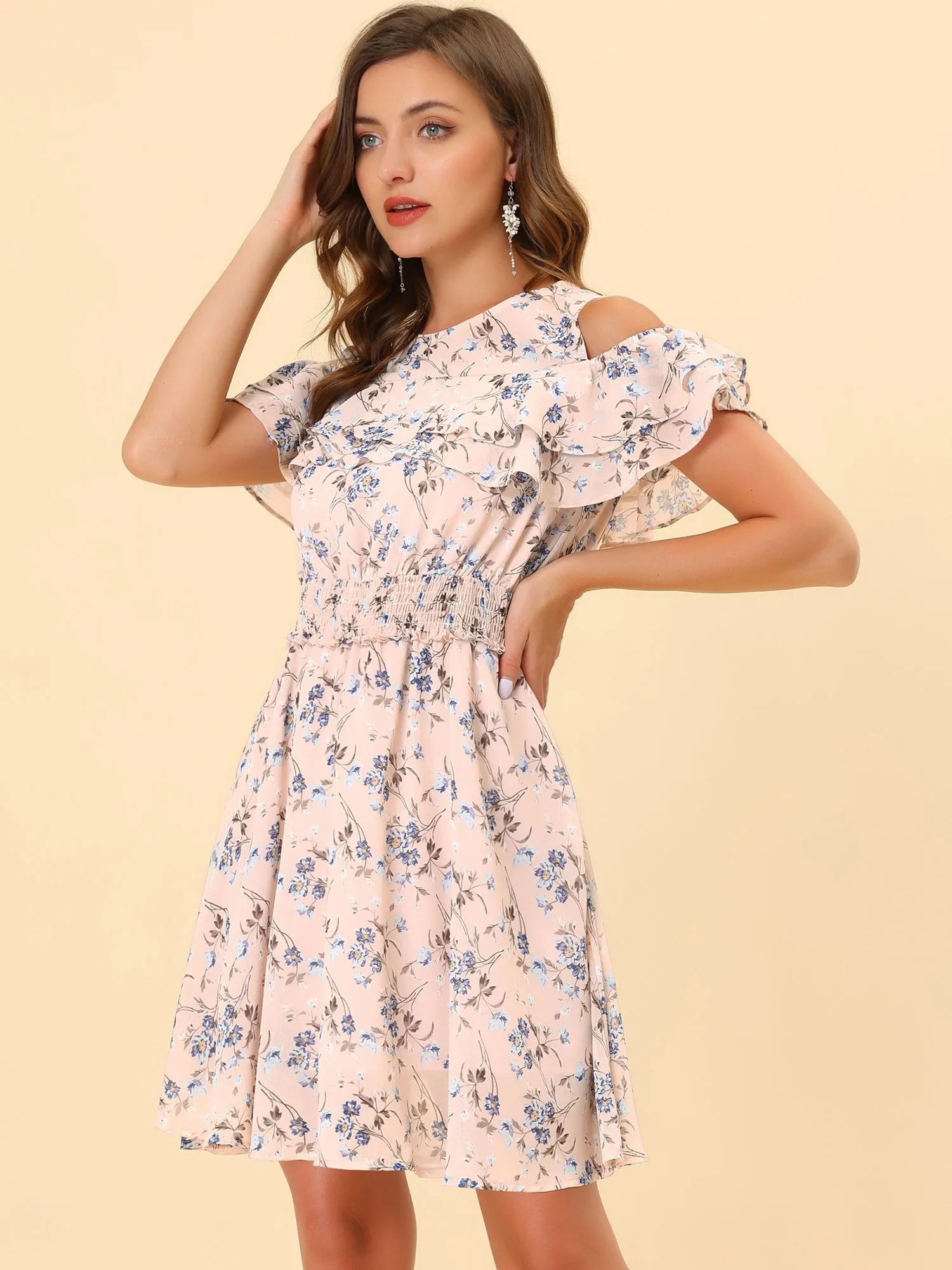 Cold Shoulder Summer Smocked Waist Chiffon Floral Mini Dress