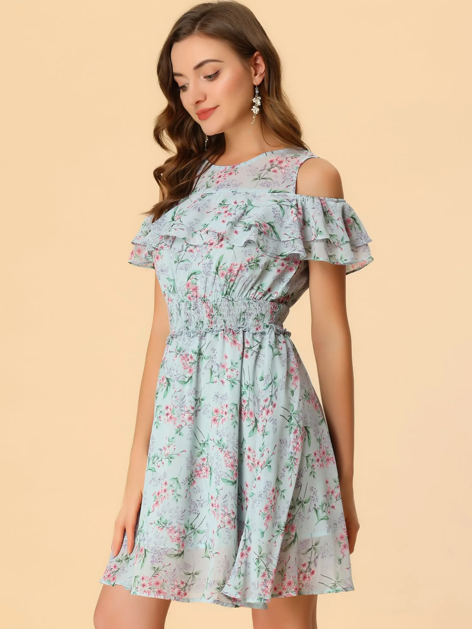 Cold Shoulder Summer Smocked Waist Chiffon Floral Mini Dress