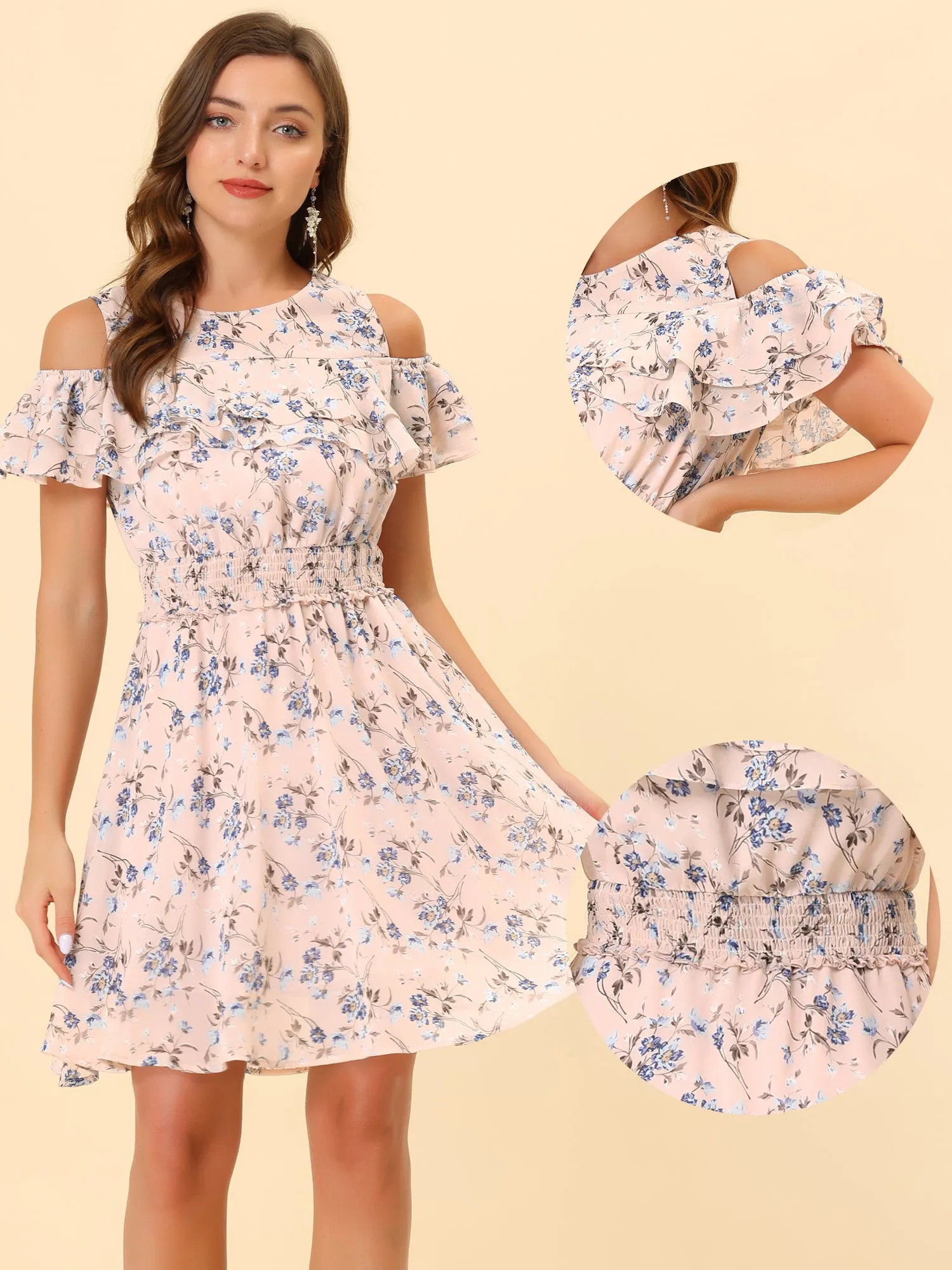 Cold Shoulder Summer Smocked Waist Chiffon Floral Mini Dress