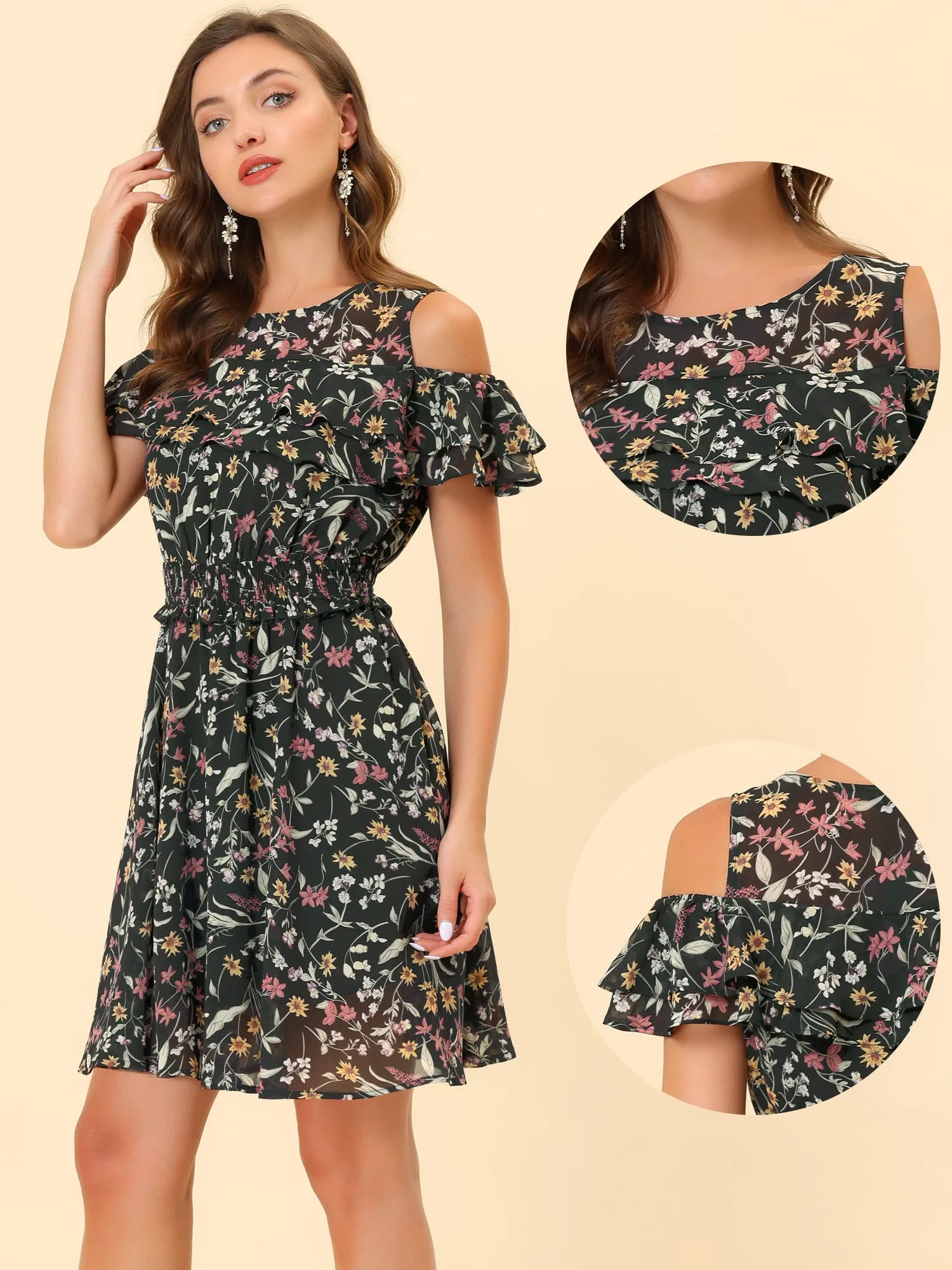 Cold Shoulder Summer Smocked Waist Chiffon Floral Mini Dress