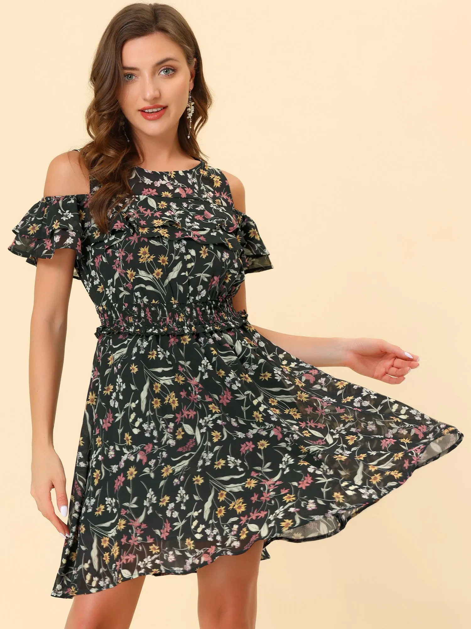 Cold Shoulder Summer Smocked Waist Chiffon Floral Mini Dress
