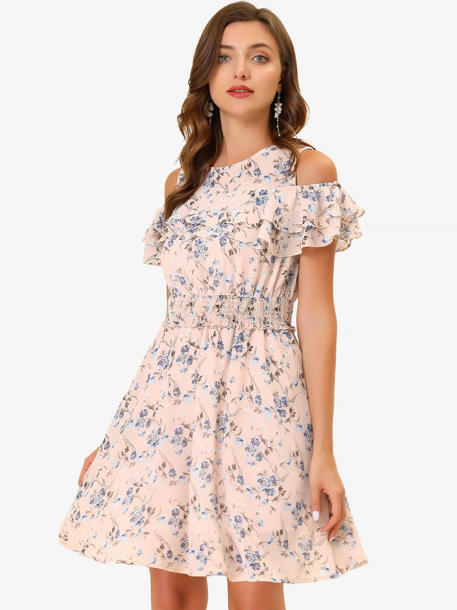 Cold Shoulder Summer Smocked Waist Chiffon Floral Mini Dress