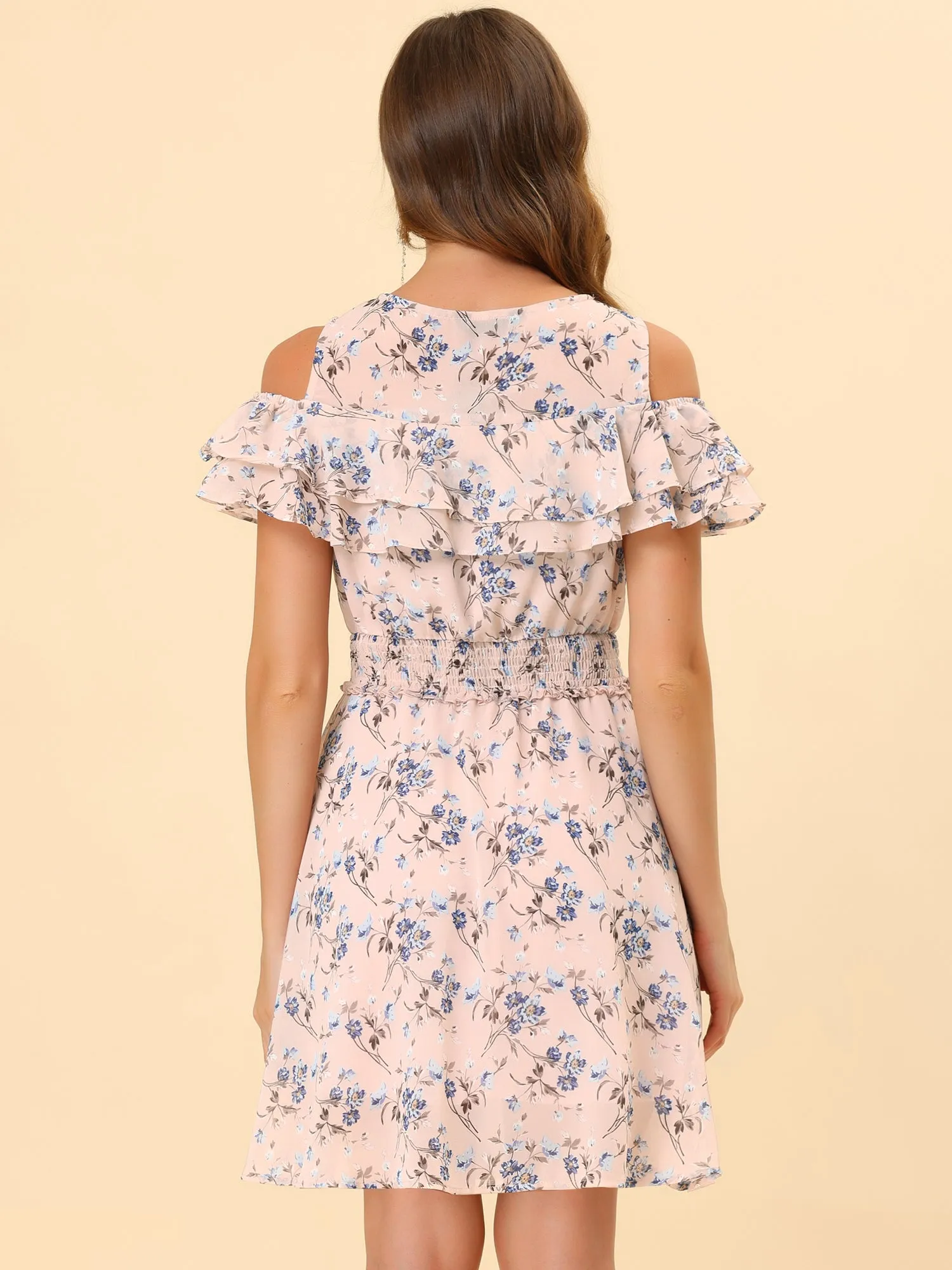 Cold Shoulder Summer Smocked Waist Chiffon Floral Mini Dress