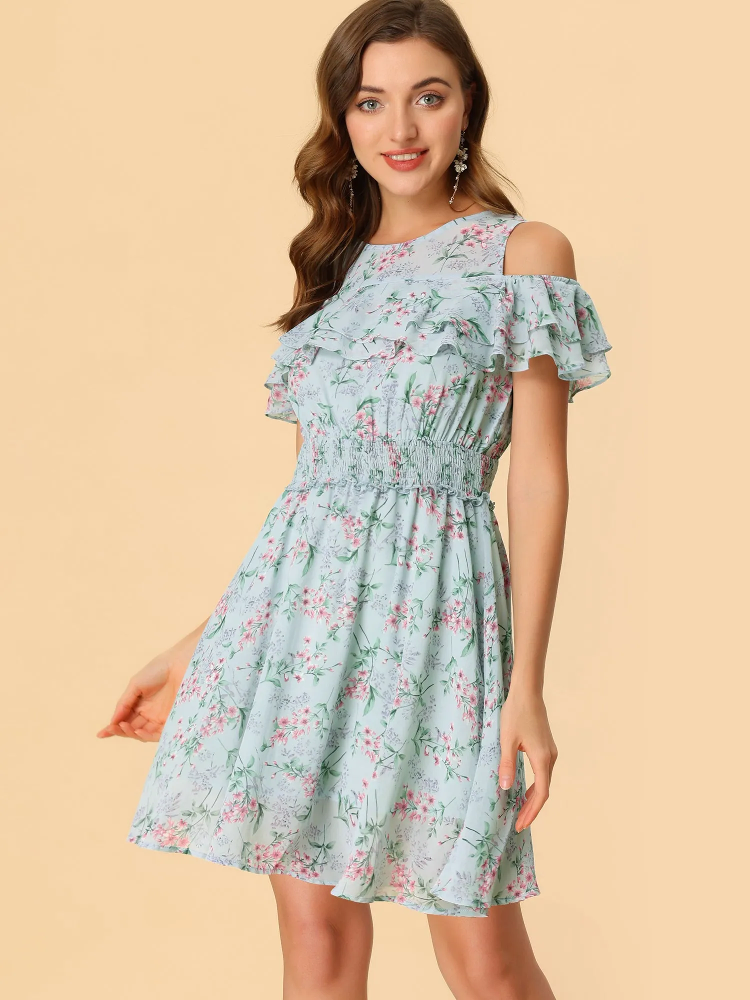Cold Shoulder Summer Smocked Waist Chiffon Floral Mini Dress