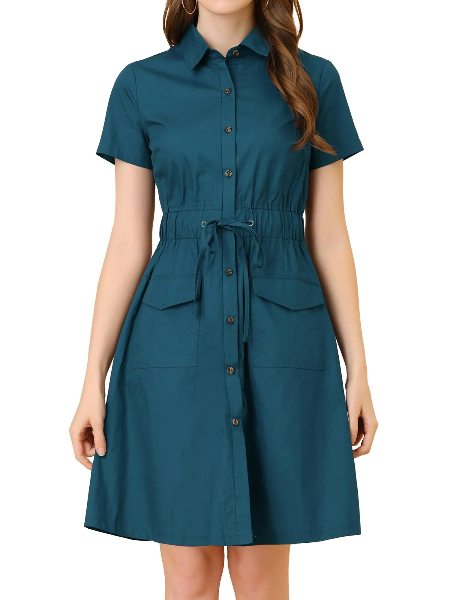 Cotton Button Down Lace-Up Collar Cargo Shirt Dress