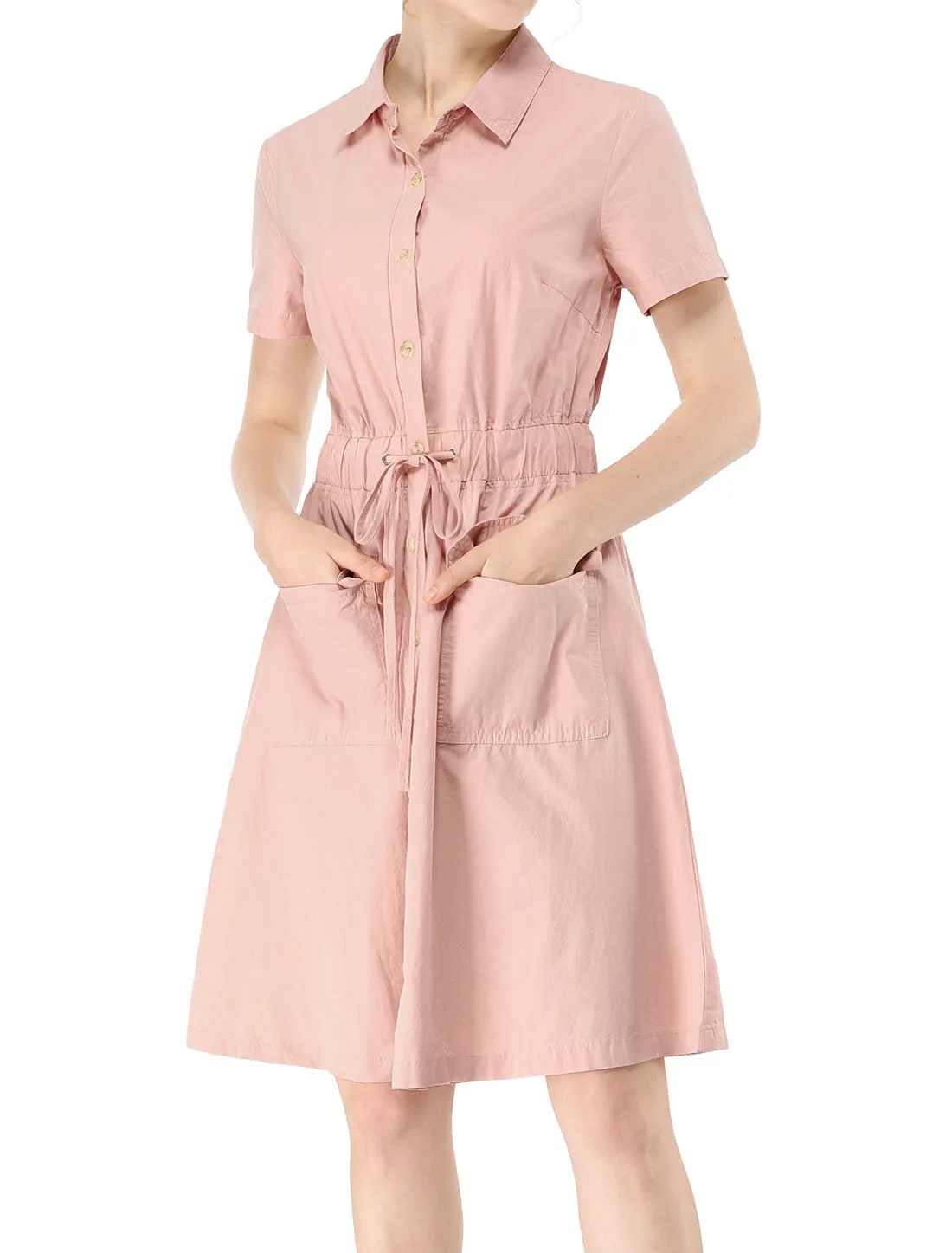 Cotton Button Down Lace-Up Collar Cargo Shirt Dress
