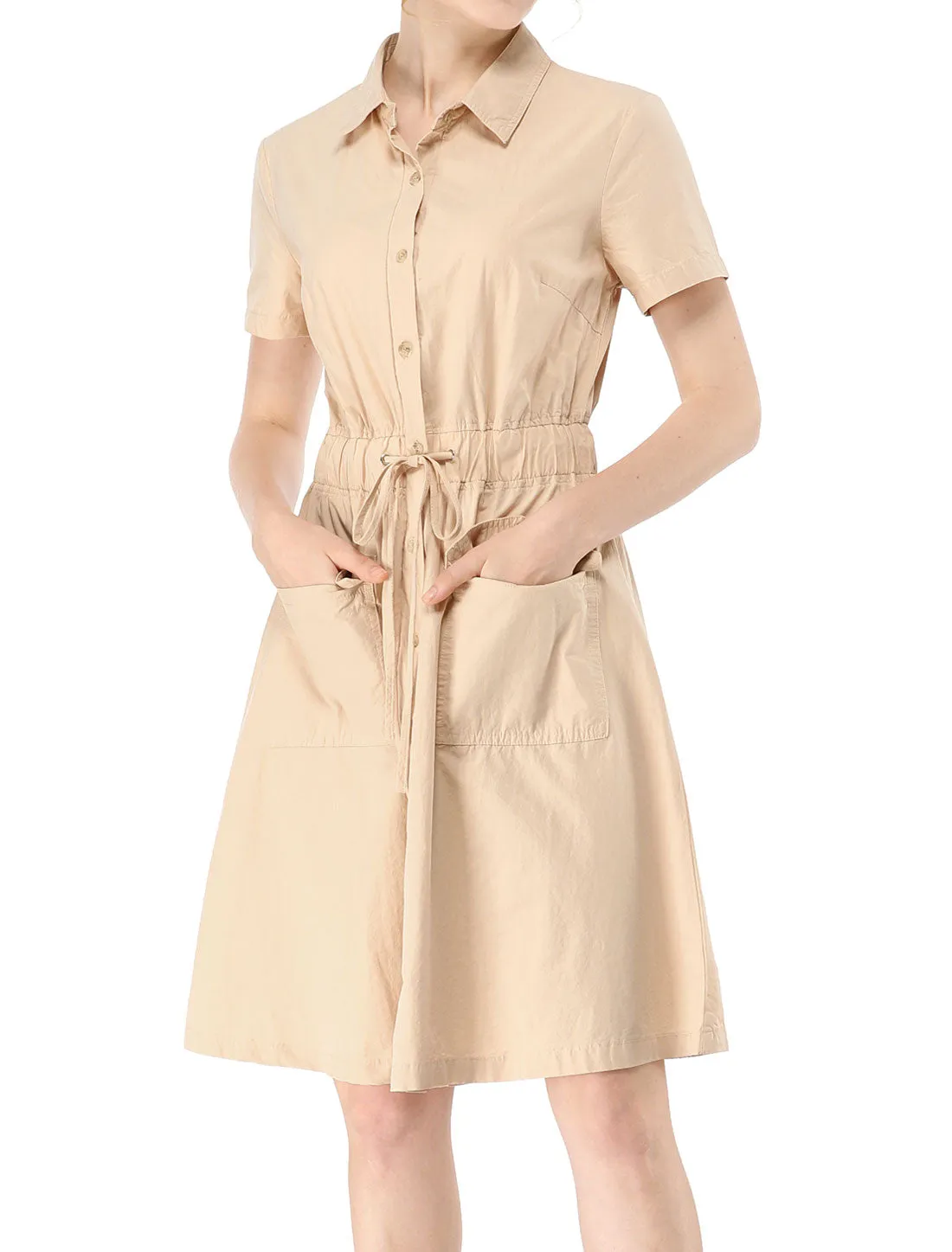 Cotton Button Down Lace-Up Collar Cargo Shirt Dress