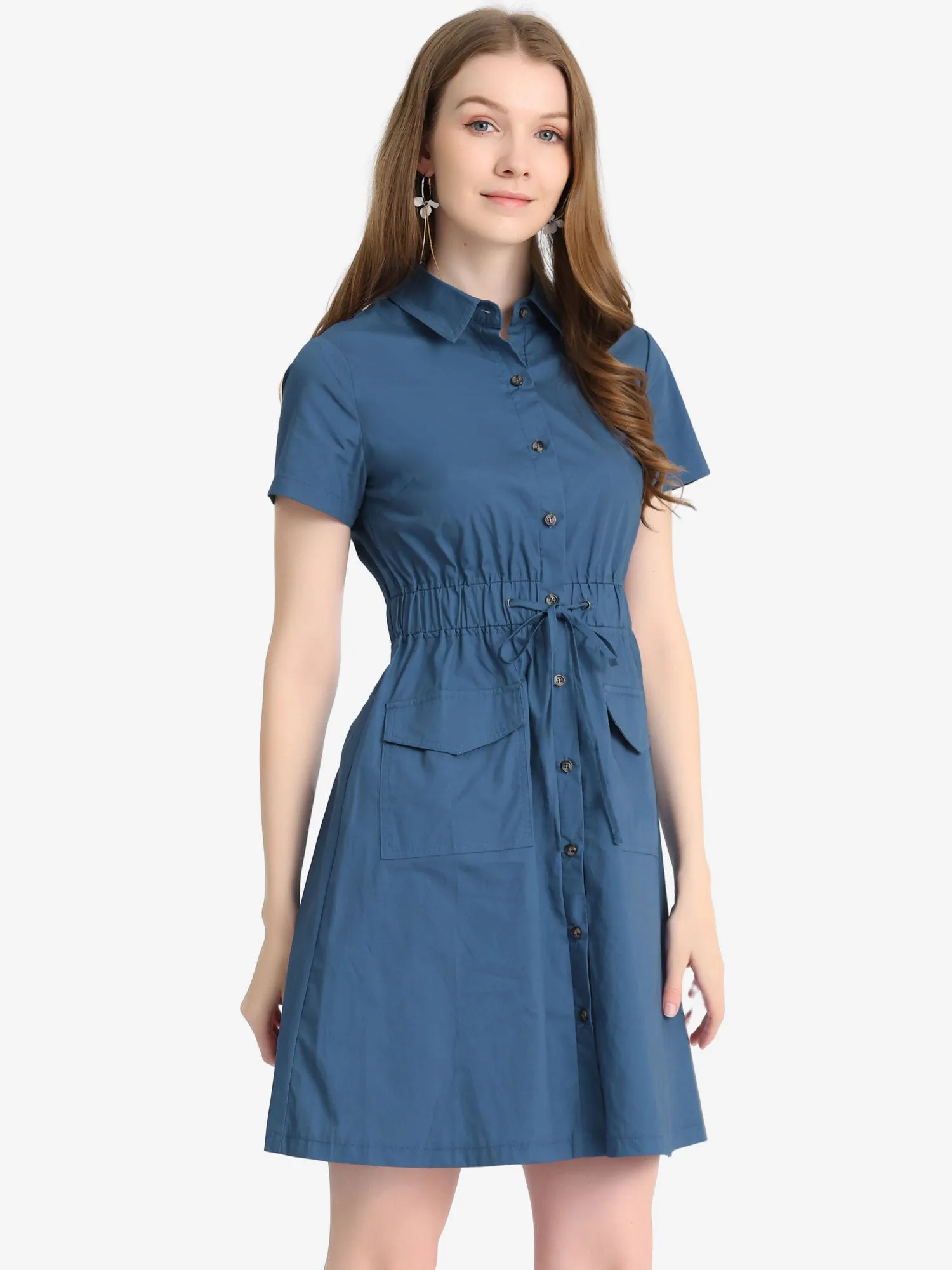 Cotton Button Down Lace-Up Collar Cargo Shirt Dress
