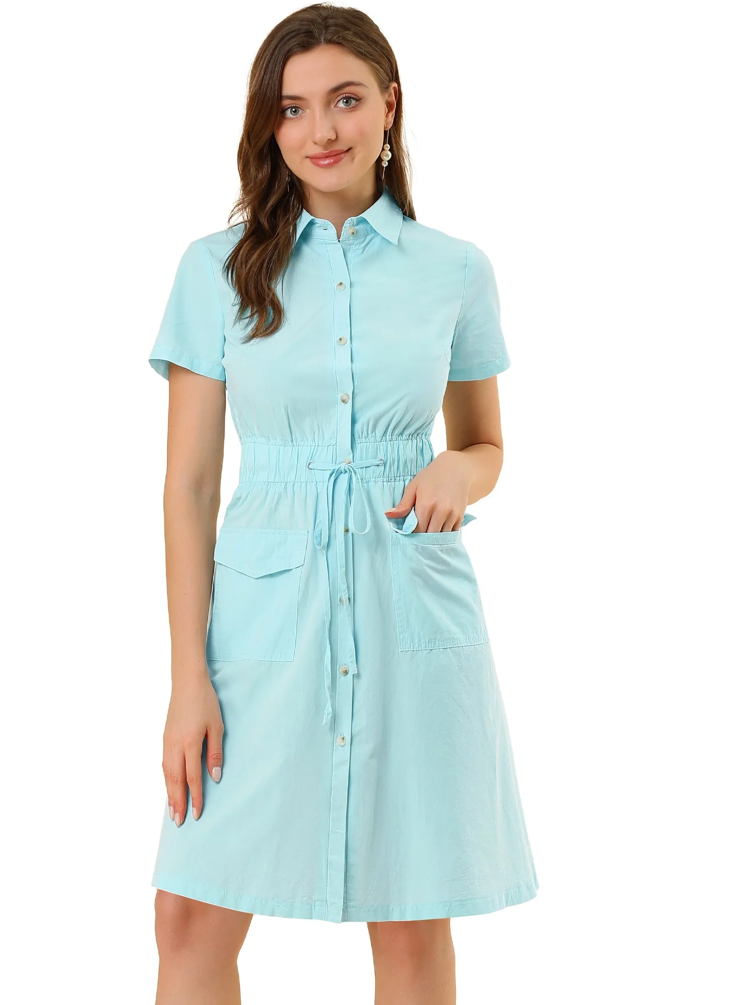 Cotton Button Down Lace-Up Collar Cargo Shirt Dress