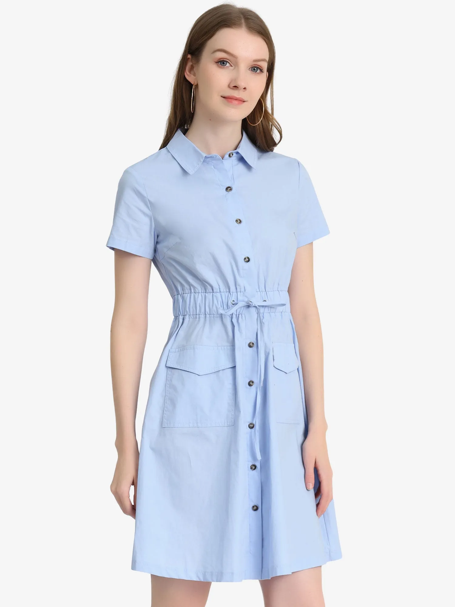 Cotton Button Down Lace-Up Collar Cargo Shirt Dress