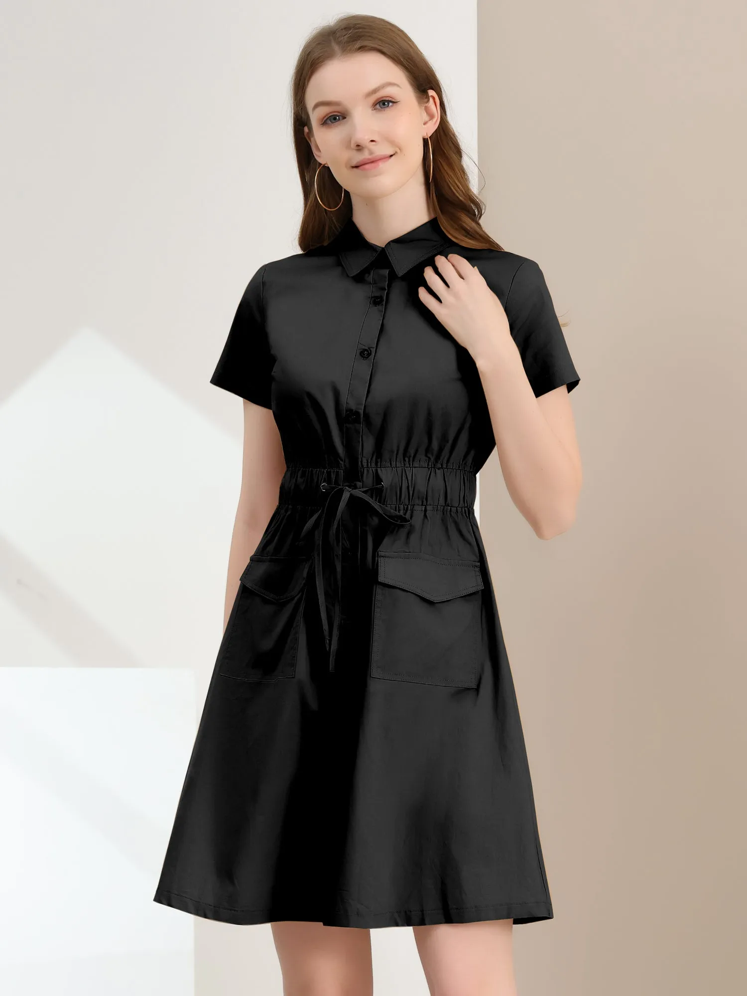 Cotton Button Down Lace-Up Collar Cargo Shirt Dress