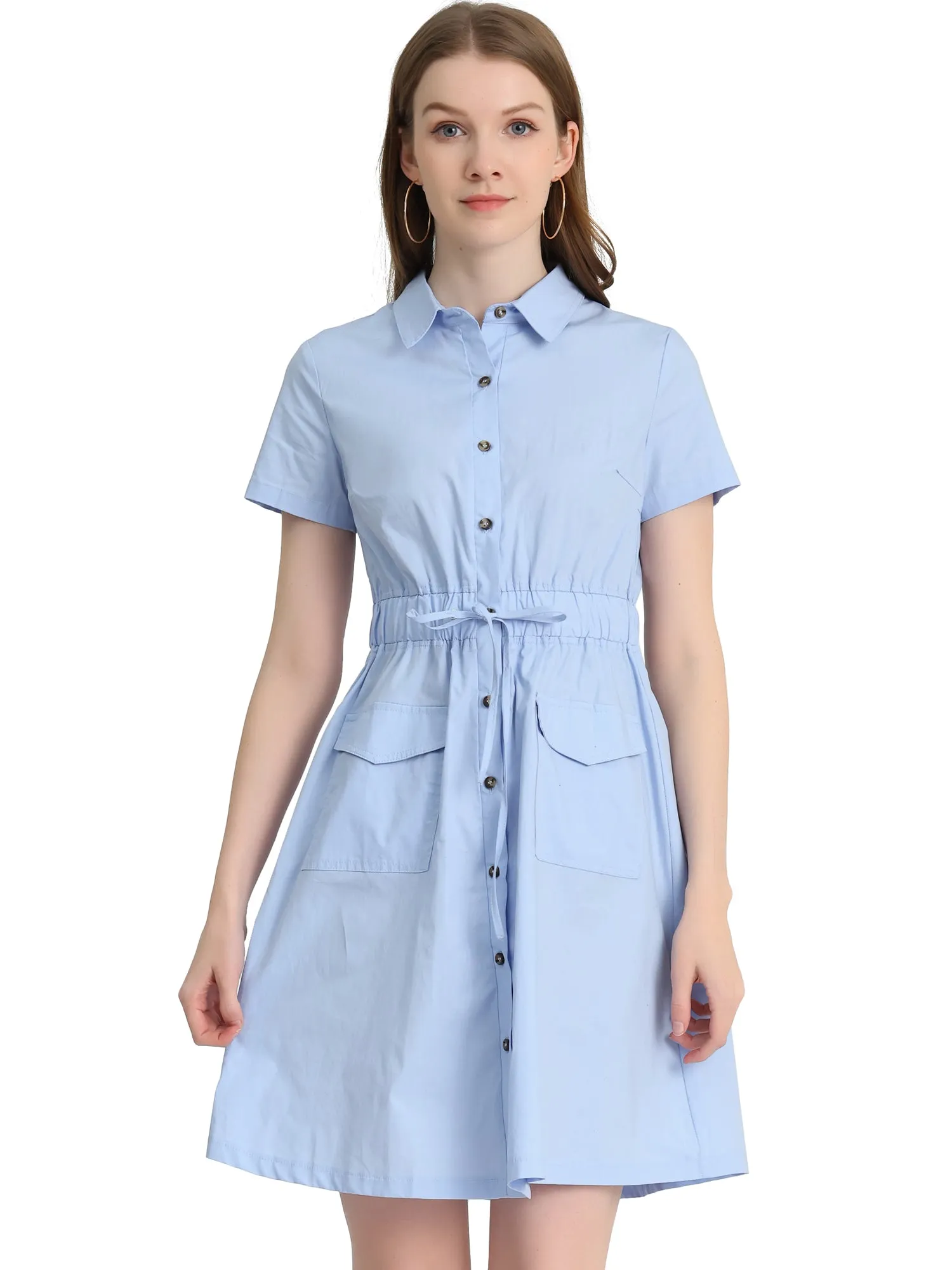 Cotton Button Down Lace-Up Collar Cargo Shirt Dress