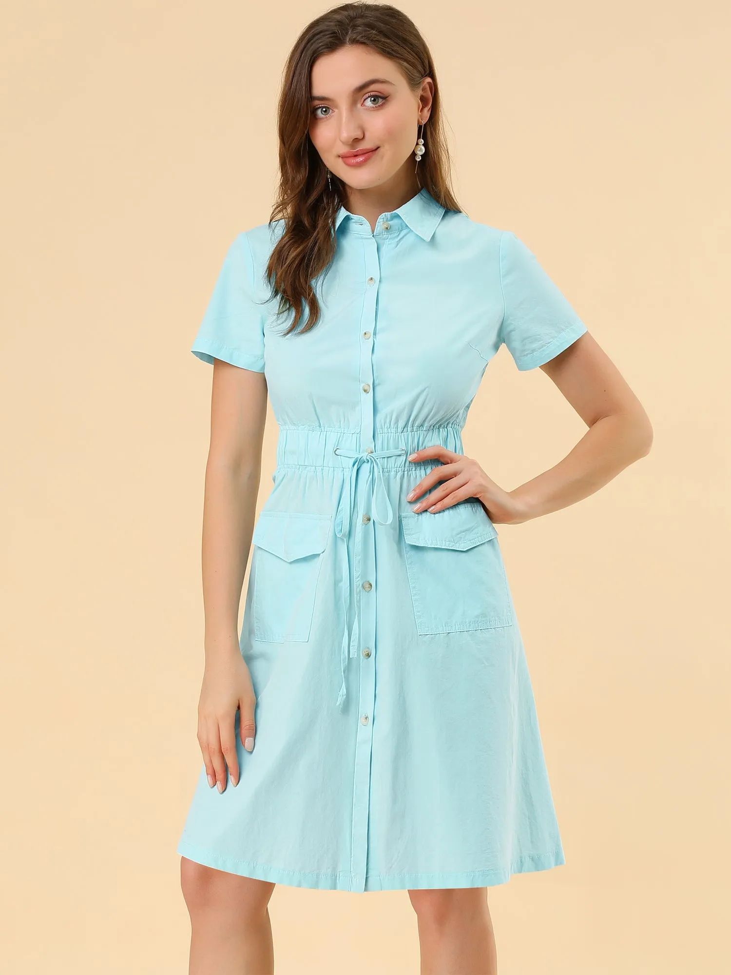 Cotton Button Down Lace-Up Collar Cargo Shirt Dress
