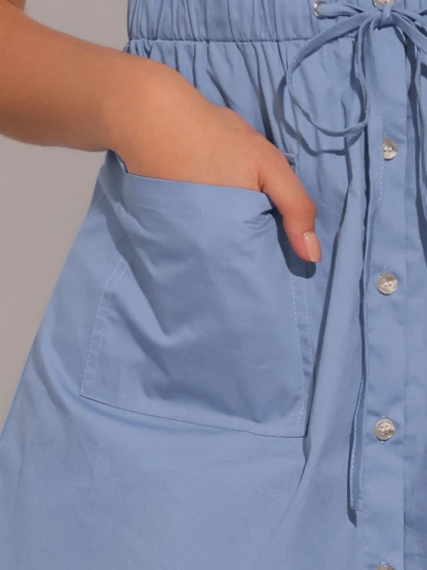 Cotton Button Down Lace-Up Collar Cargo Shirt Dress