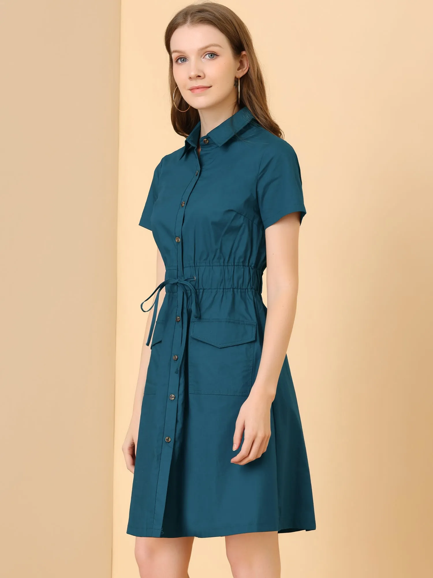 Cotton Button Down Lace-Up Collar Cargo Shirt Dress