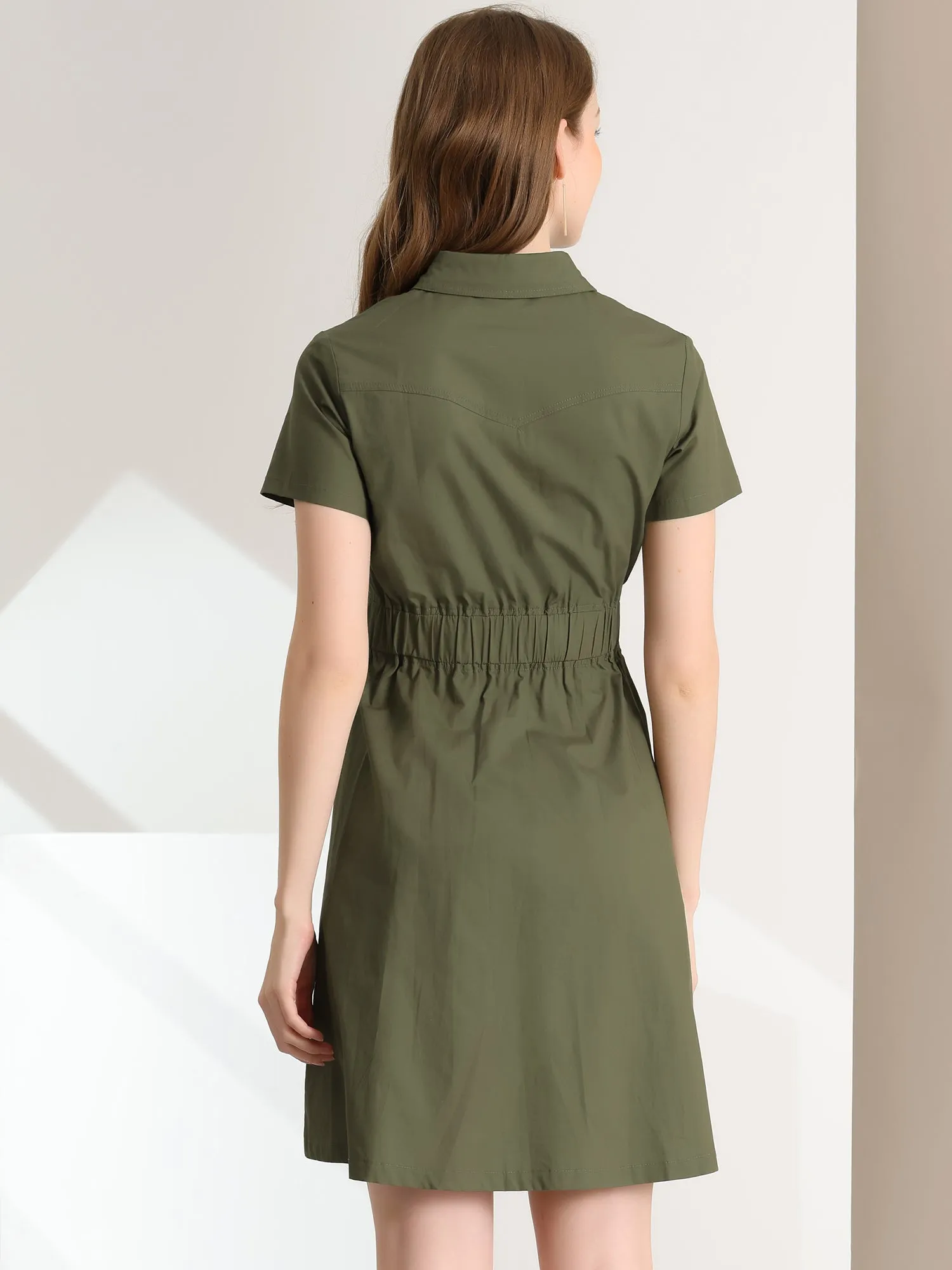 Cotton Button Down Lace-Up Collar Cargo Shirt Dress