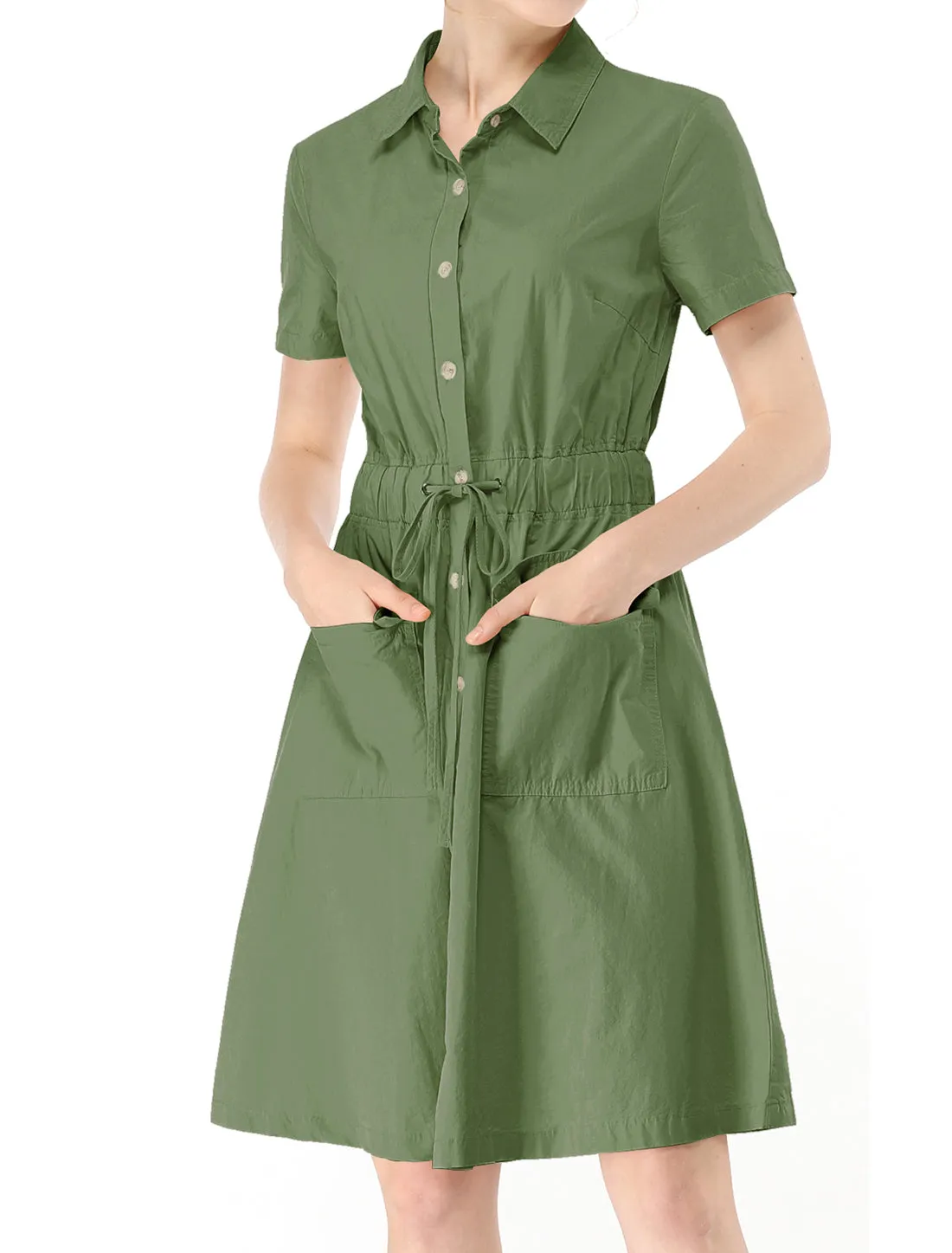 Cotton Button Down Lace-Up Collar Cargo Shirt Dress