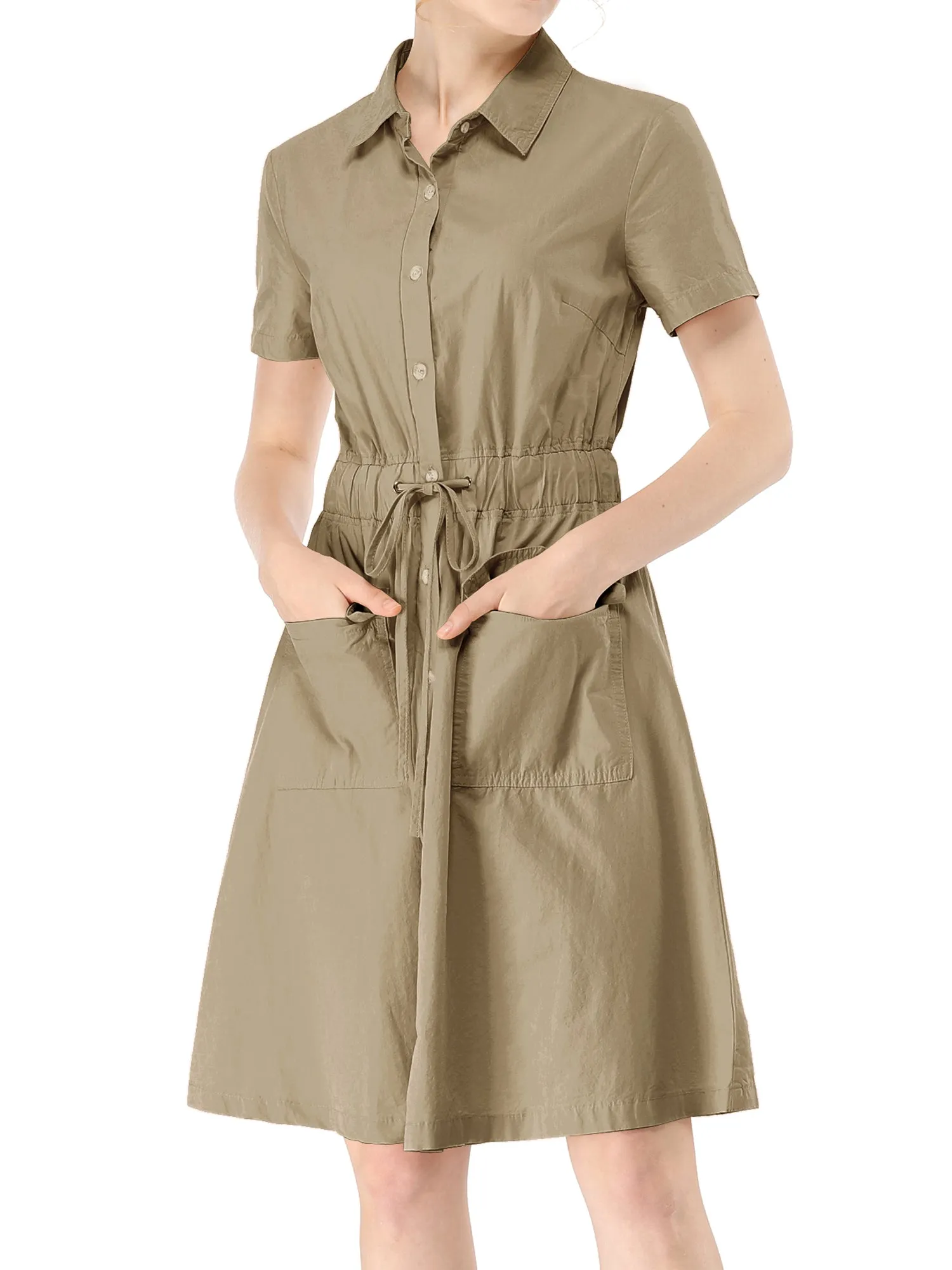 Cotton Button Down Lace-Up Collar Cargo Shirt Dress