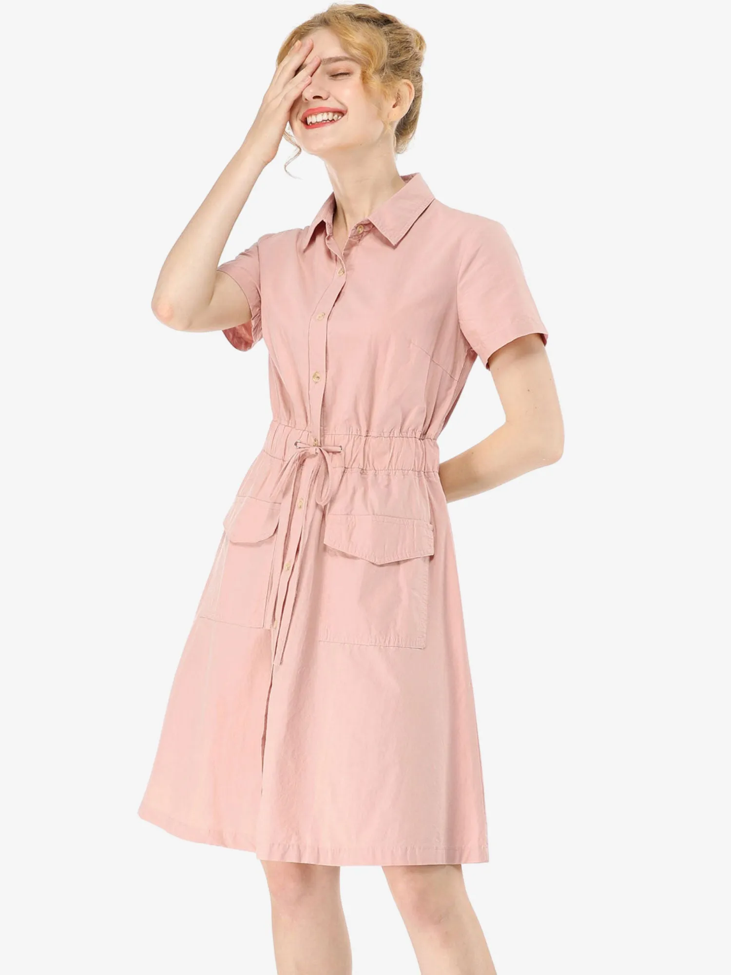 Cotton Button Down Lace-Up Collar Cargo Shirt Dress