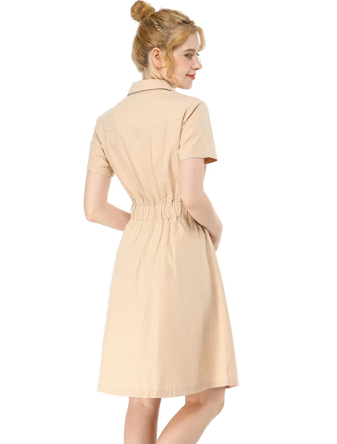Cotton Button Down Lace-Up Collar Cargo Shirt Dress