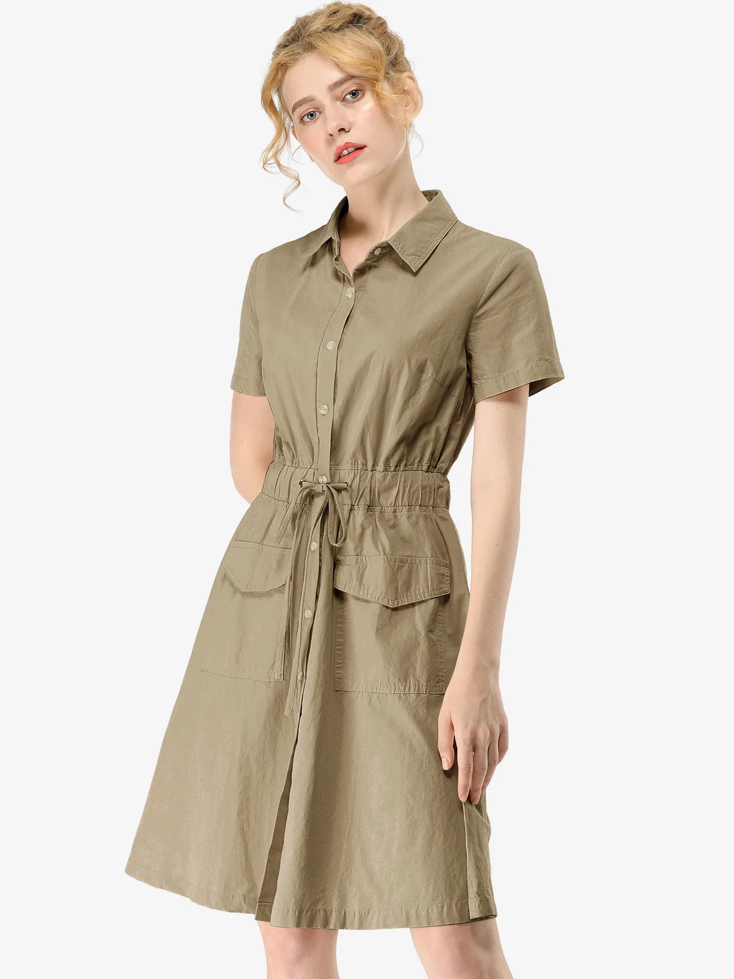 Cotton Button Down Lace-Up Collar Cargo Shirt Dress