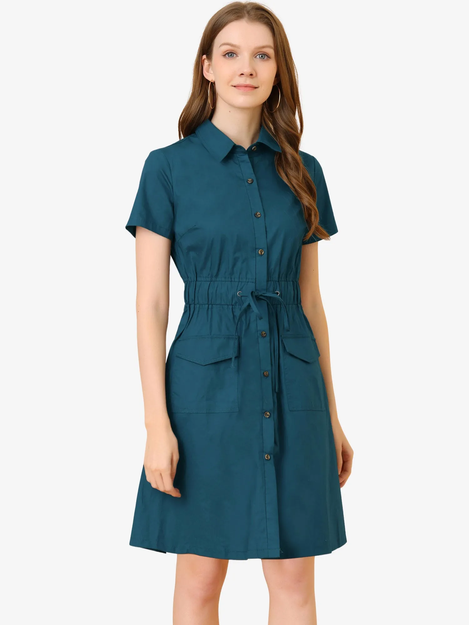 Cotton Button Down Lace-Up Collar Cargo Shirt Dress