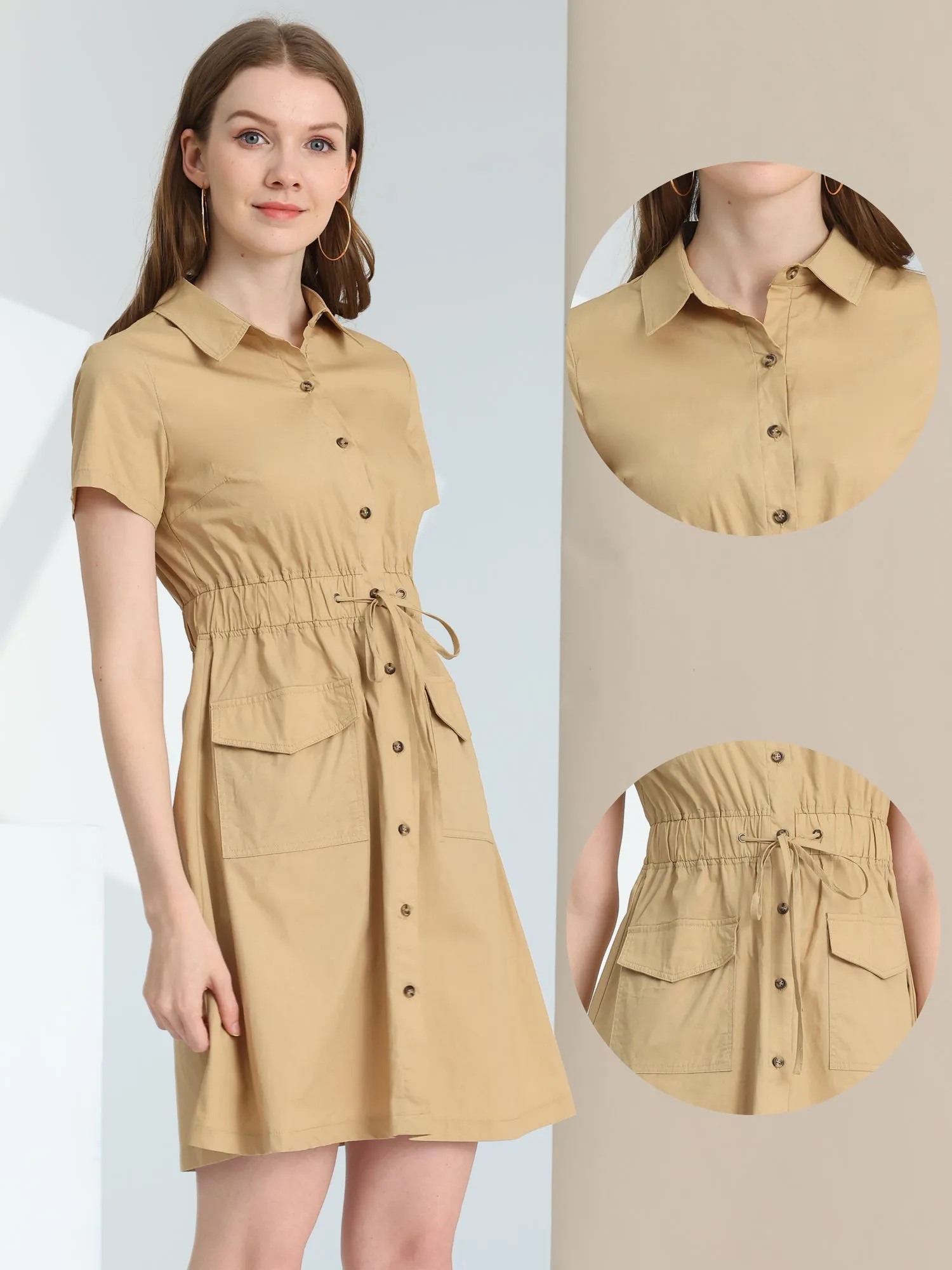 Cotton Button Down Lace-Up Collar Cargo Shirt Dress