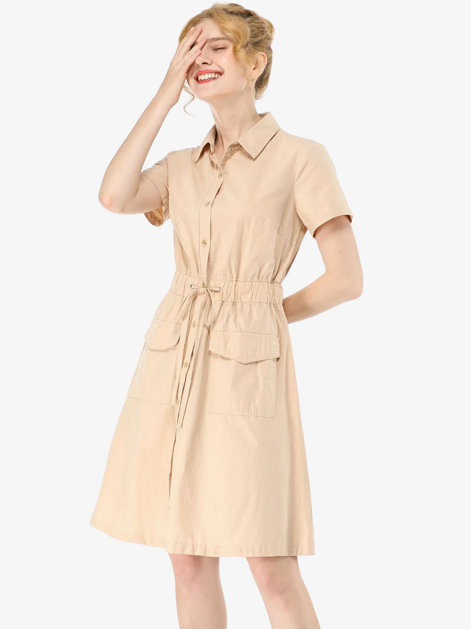 Cotton Button Down Lace-Up Collar Cargo Shirt Dress