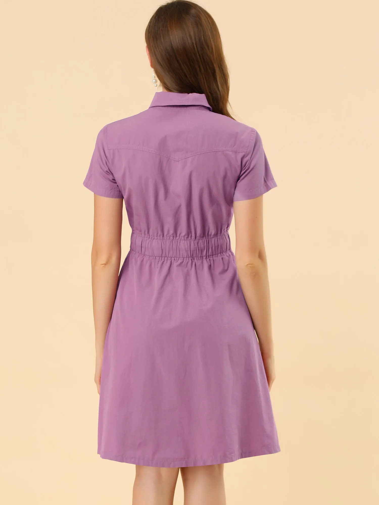 Cotton Button Down Lace-Up Collar Cargo Shirt Dress