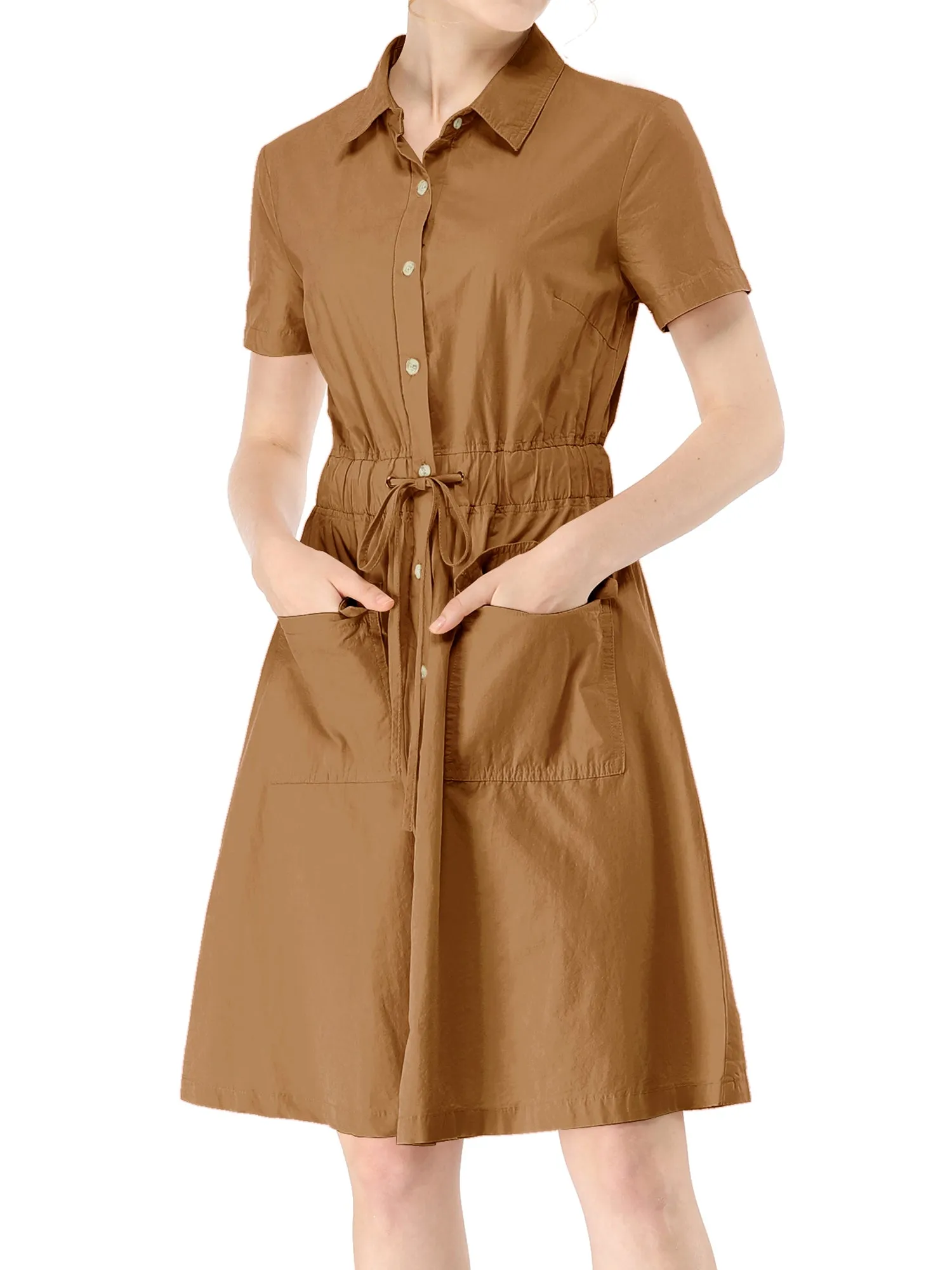 Cotton Button Down Lace-Up Collar Cargo Shirt Dress