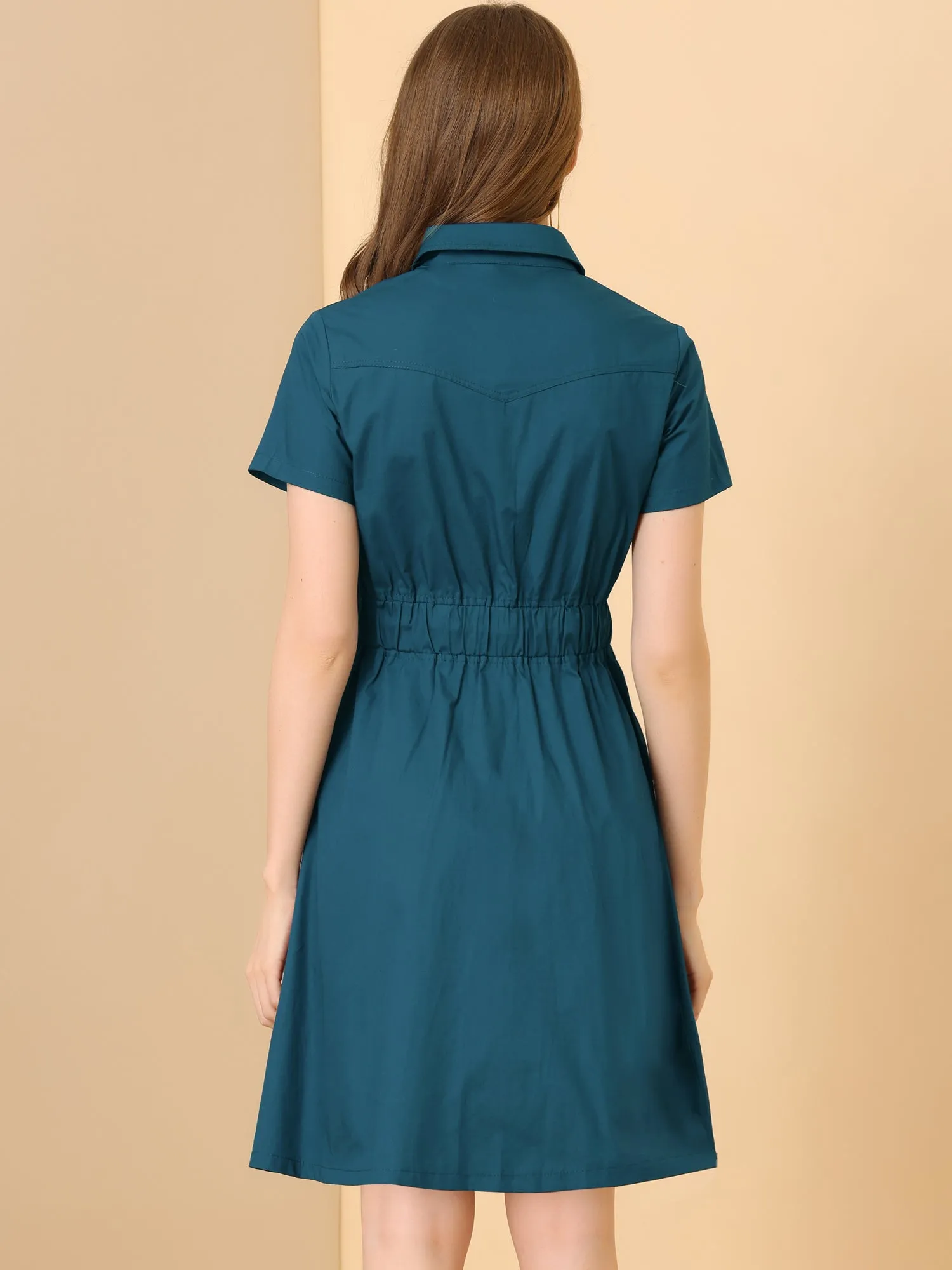 Cotton Button Down Lace-Up Collar Cargo Shirt Dress