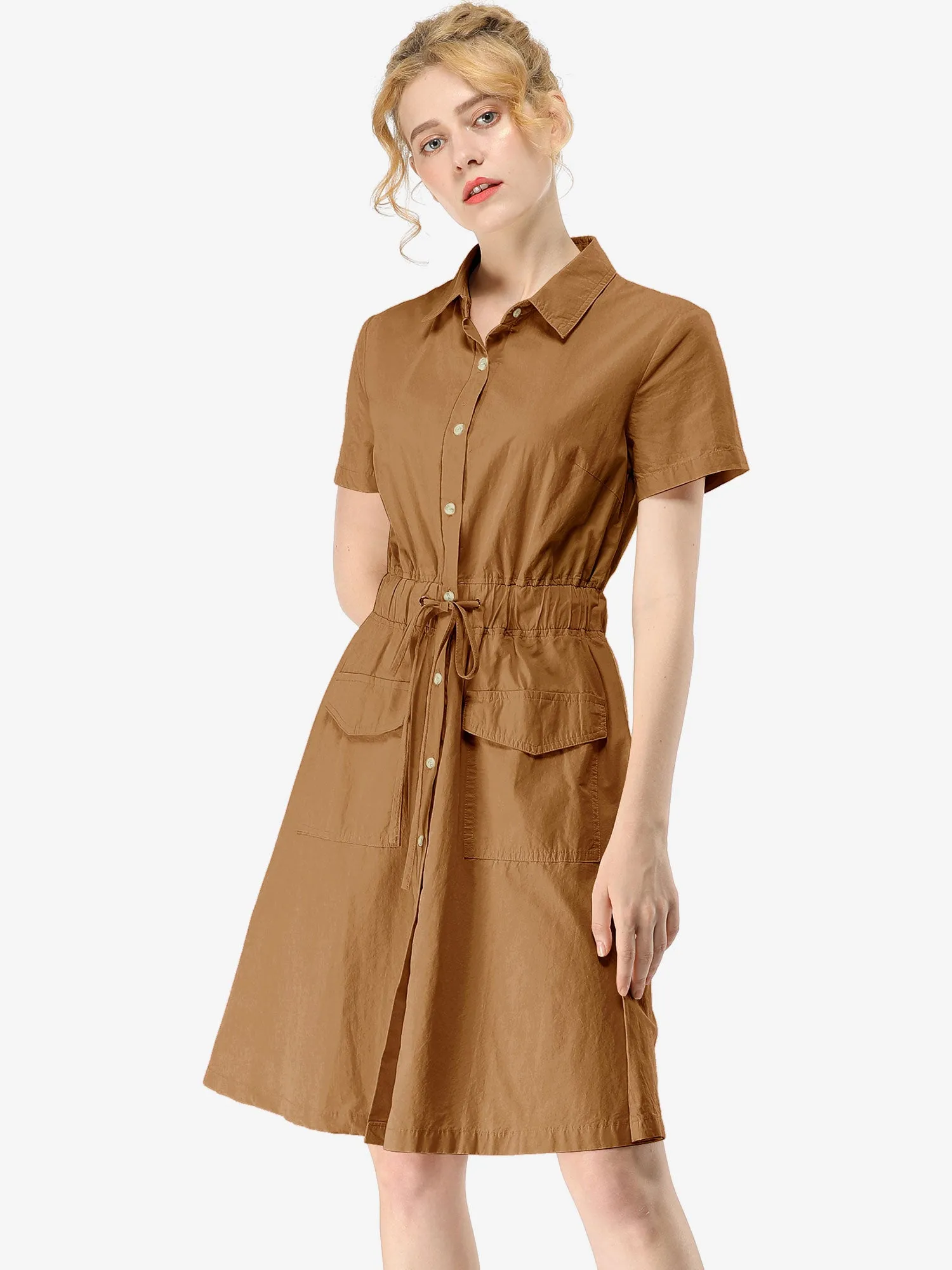 Cotton Button Down Lace-Up Collar Cargo Shirt Dress