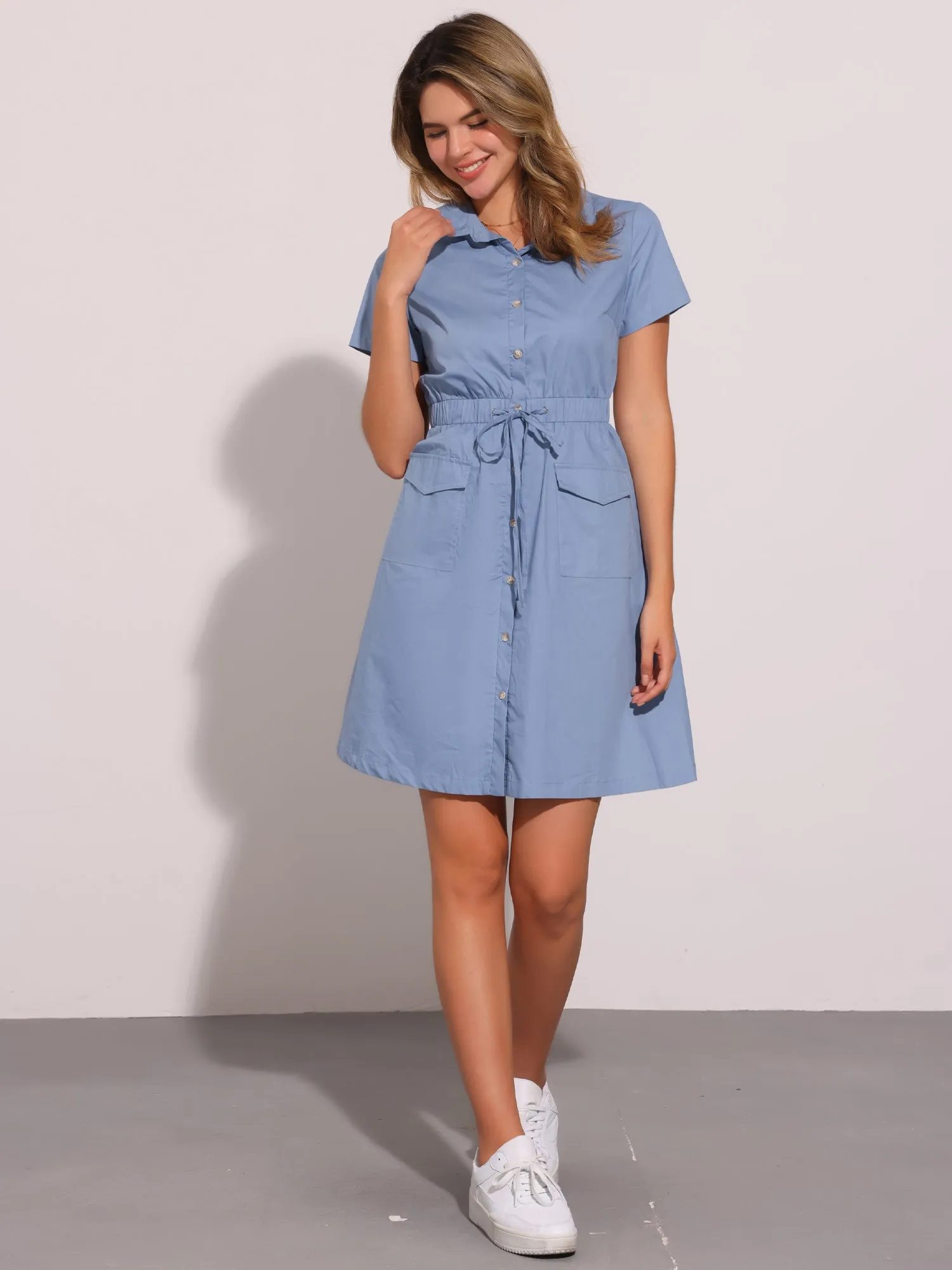 Cotton Button Down Lace-Up Collar Cargo Shirt Dress