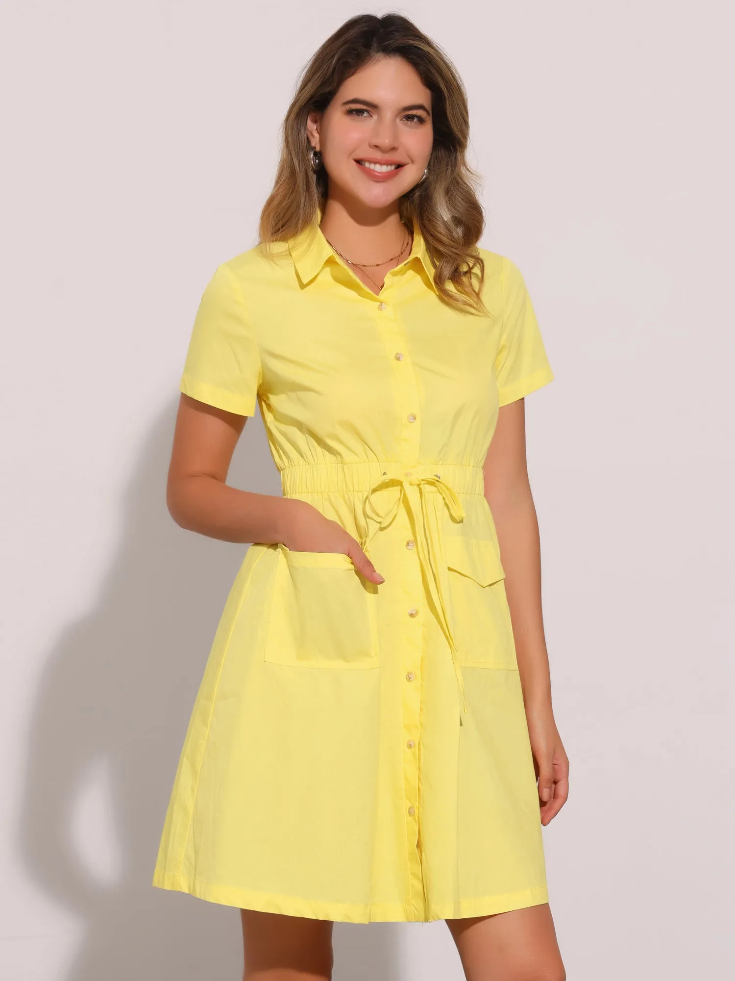 Cotton Button Down Lace-Up Collar Cargo Shirt Dress