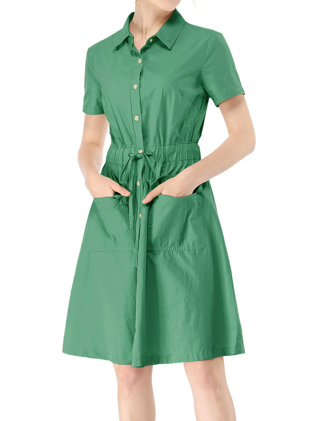 Cotton Button Down Lace-Up Collar Cargo Shirt Dress