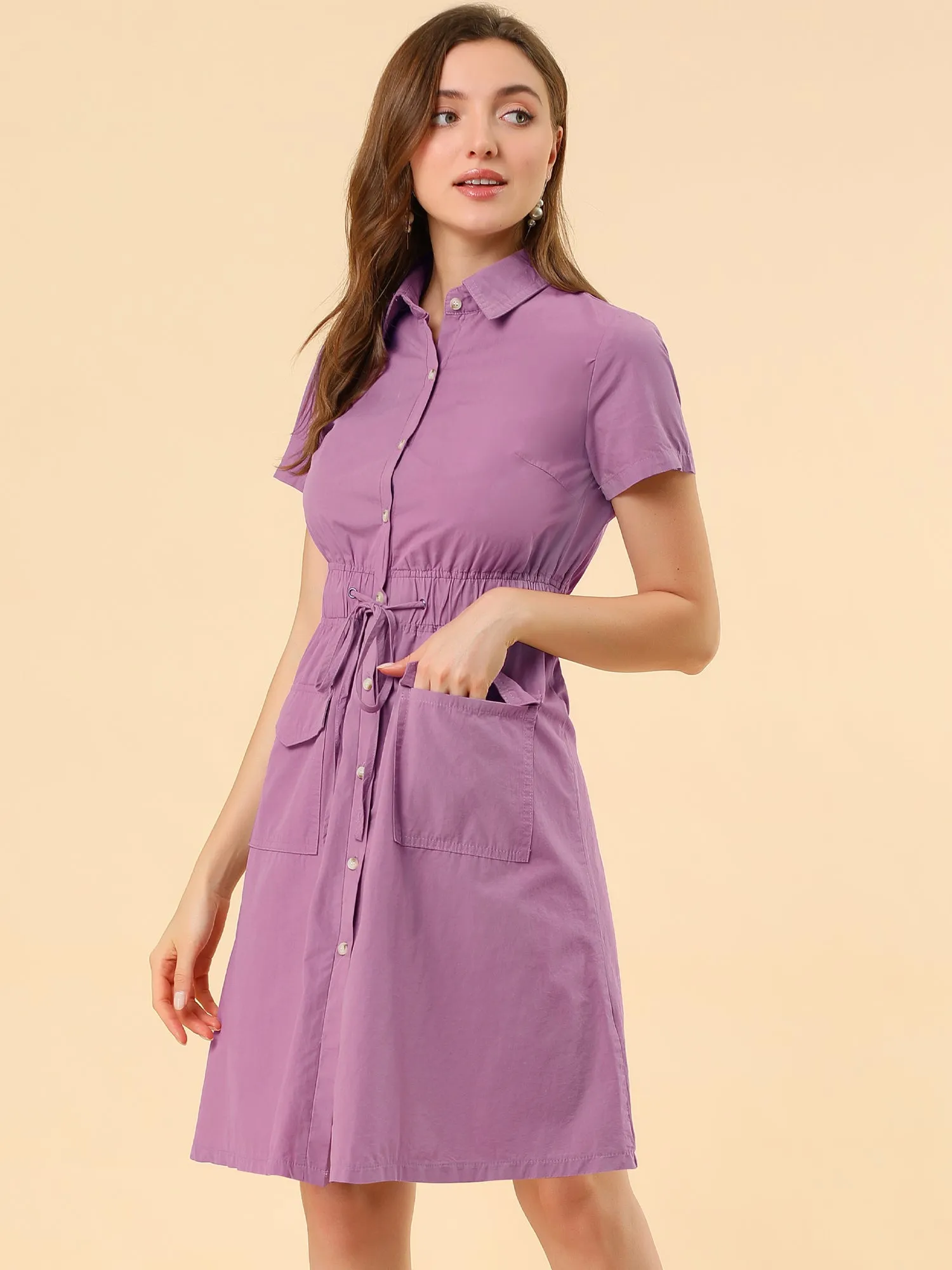 Cotton Button Down Lace-Up Collar Cargo Shirt Dress
