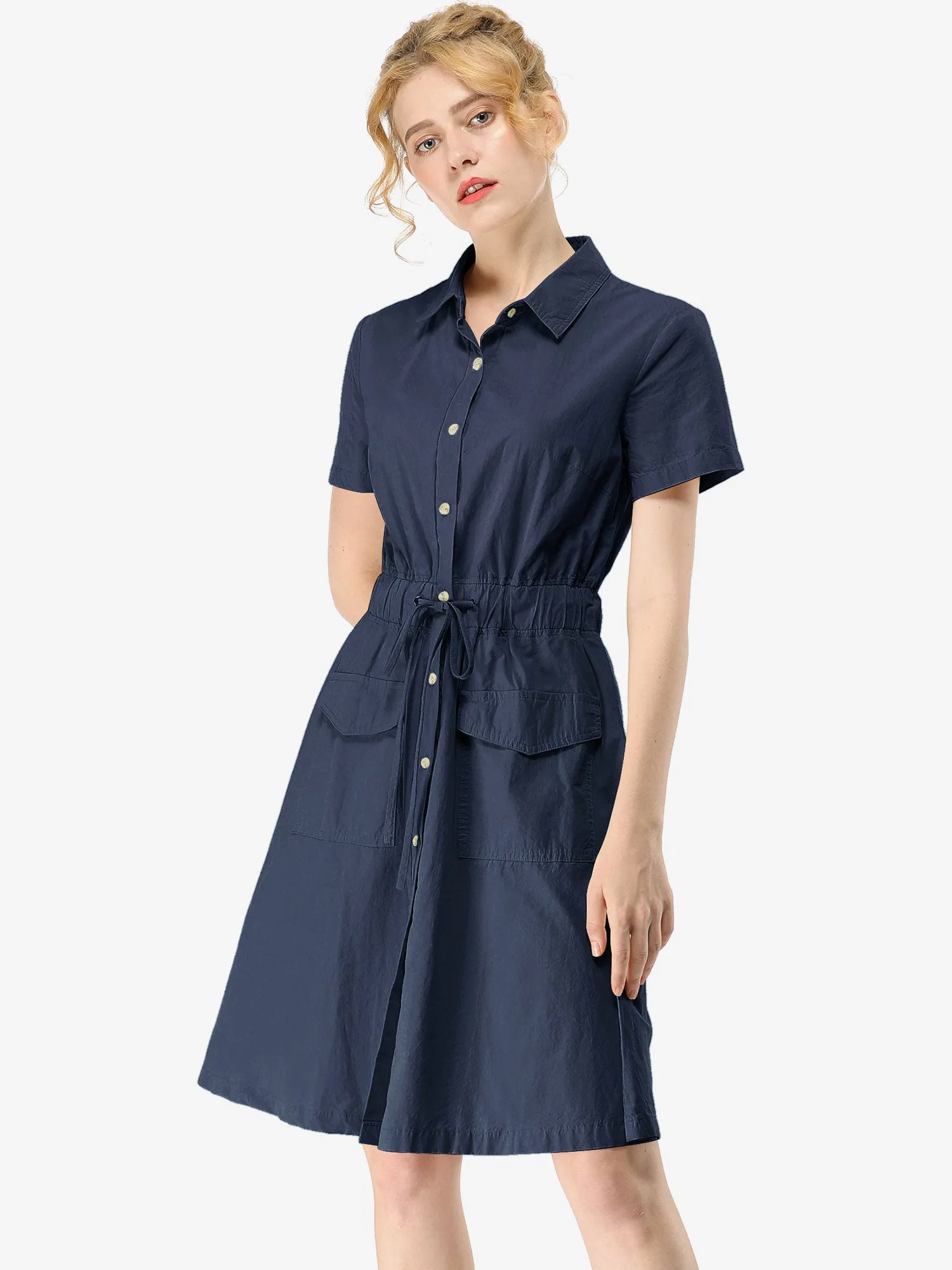 Cotton Button Down Lace-Up Collar Cargo Shirt Dress