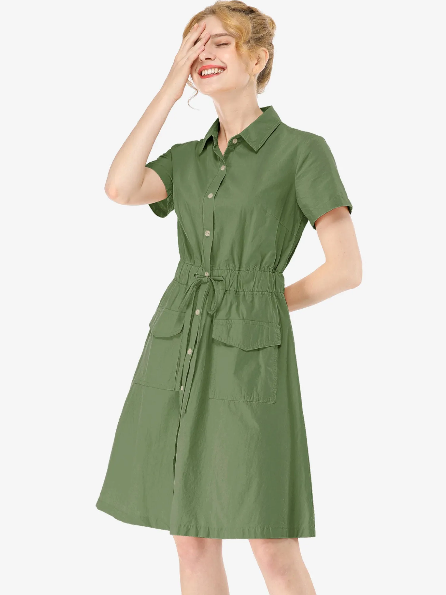 Cotton Button Down Lace-Up Collar Cargo Shirt Dress