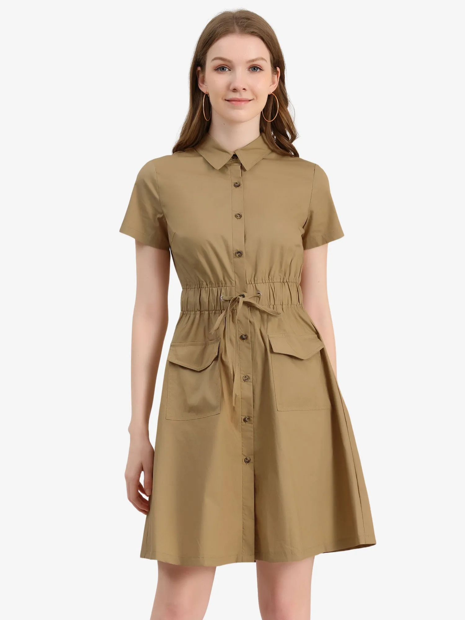 Cotton Button Down Lace-Up Collar Cargo Shirt Dress