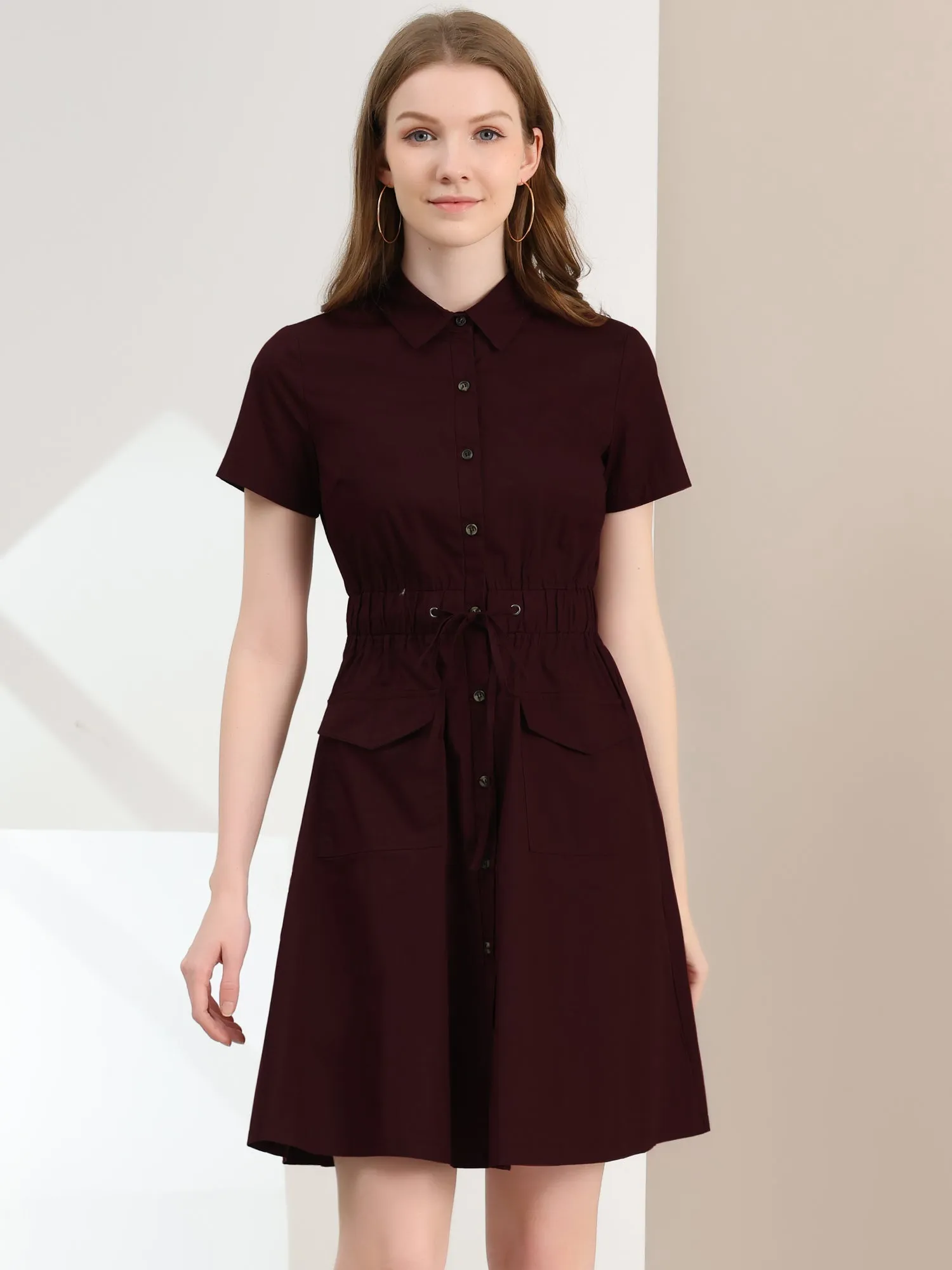 Cotton Button Down Lace-Up Collar Cargo Shirt Dress