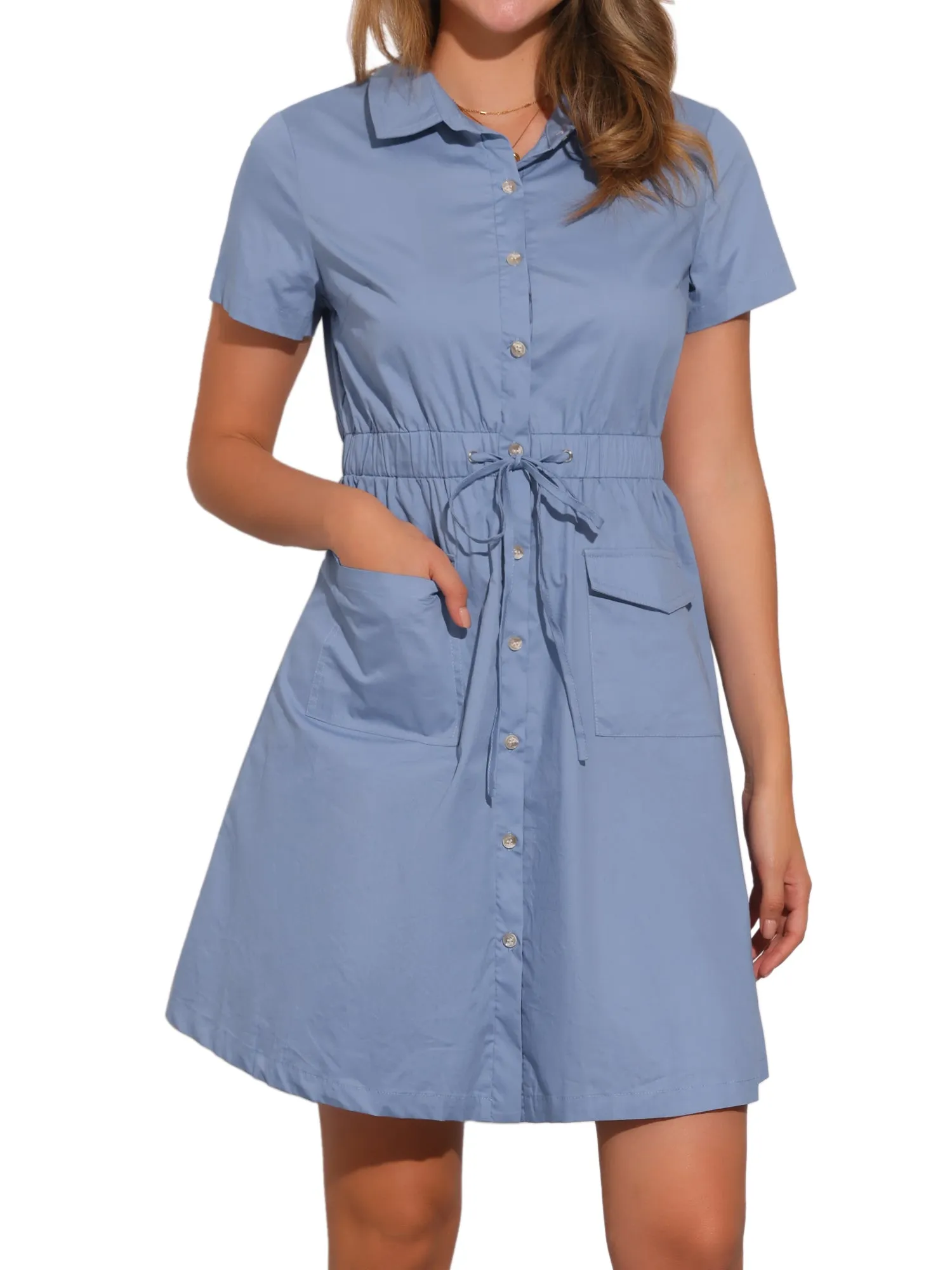 Cotton Button Down Lace-Up Collar Cargo Shirt Dress