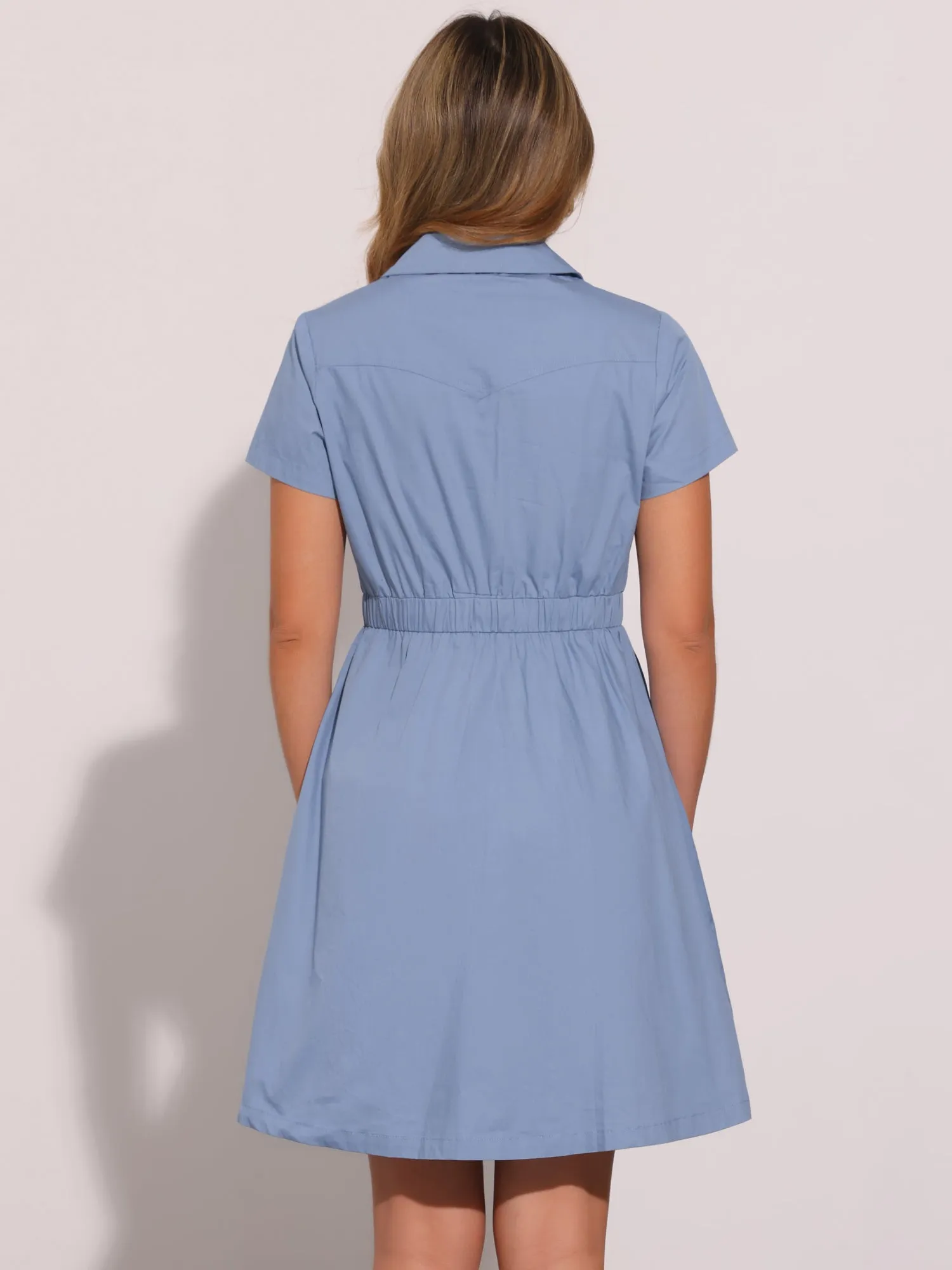 Cotton Button Down Lace-Up Collar Cargo Shirt Dress