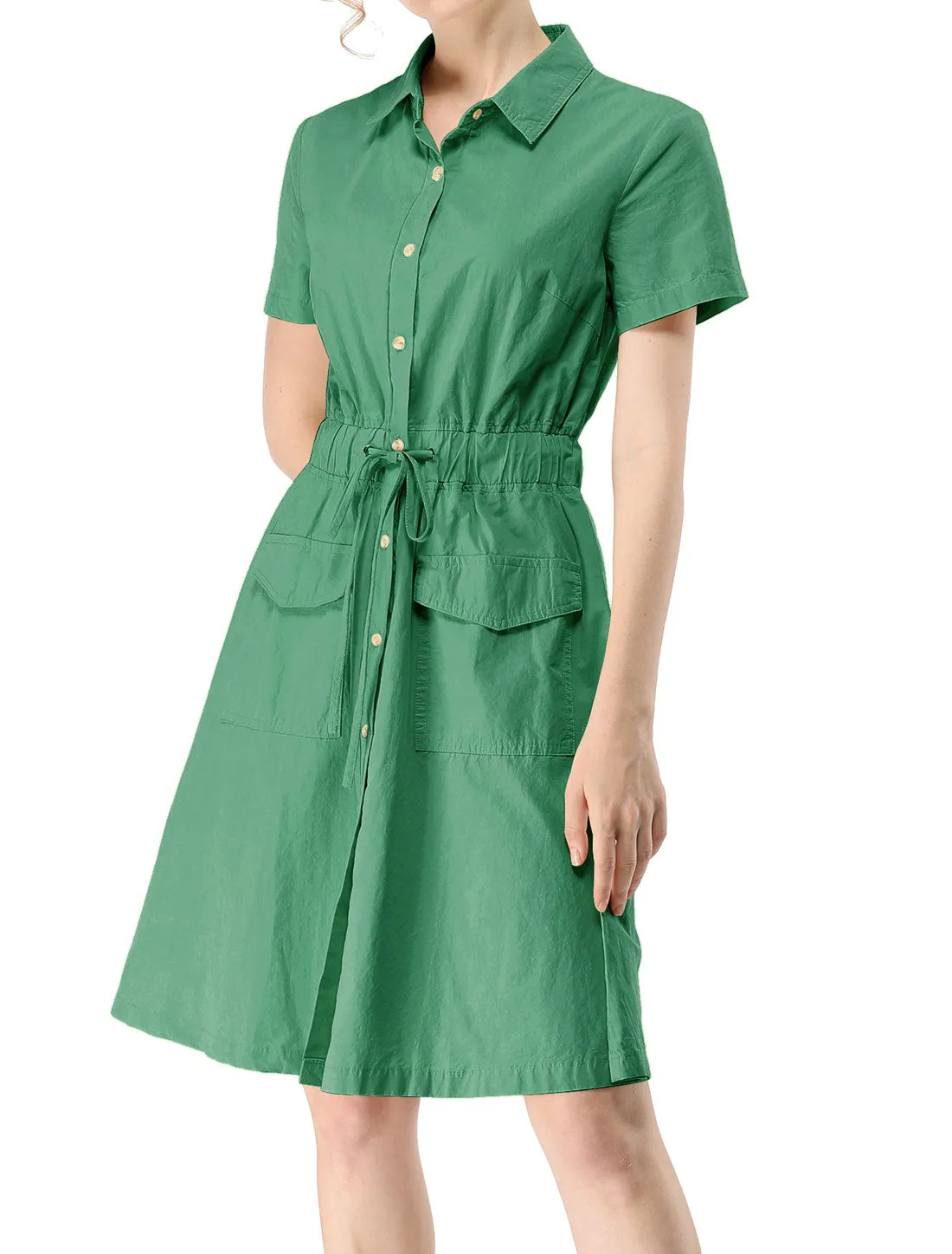 Cotton Button Down Lace-Up Collar Cargo Shirt Dress