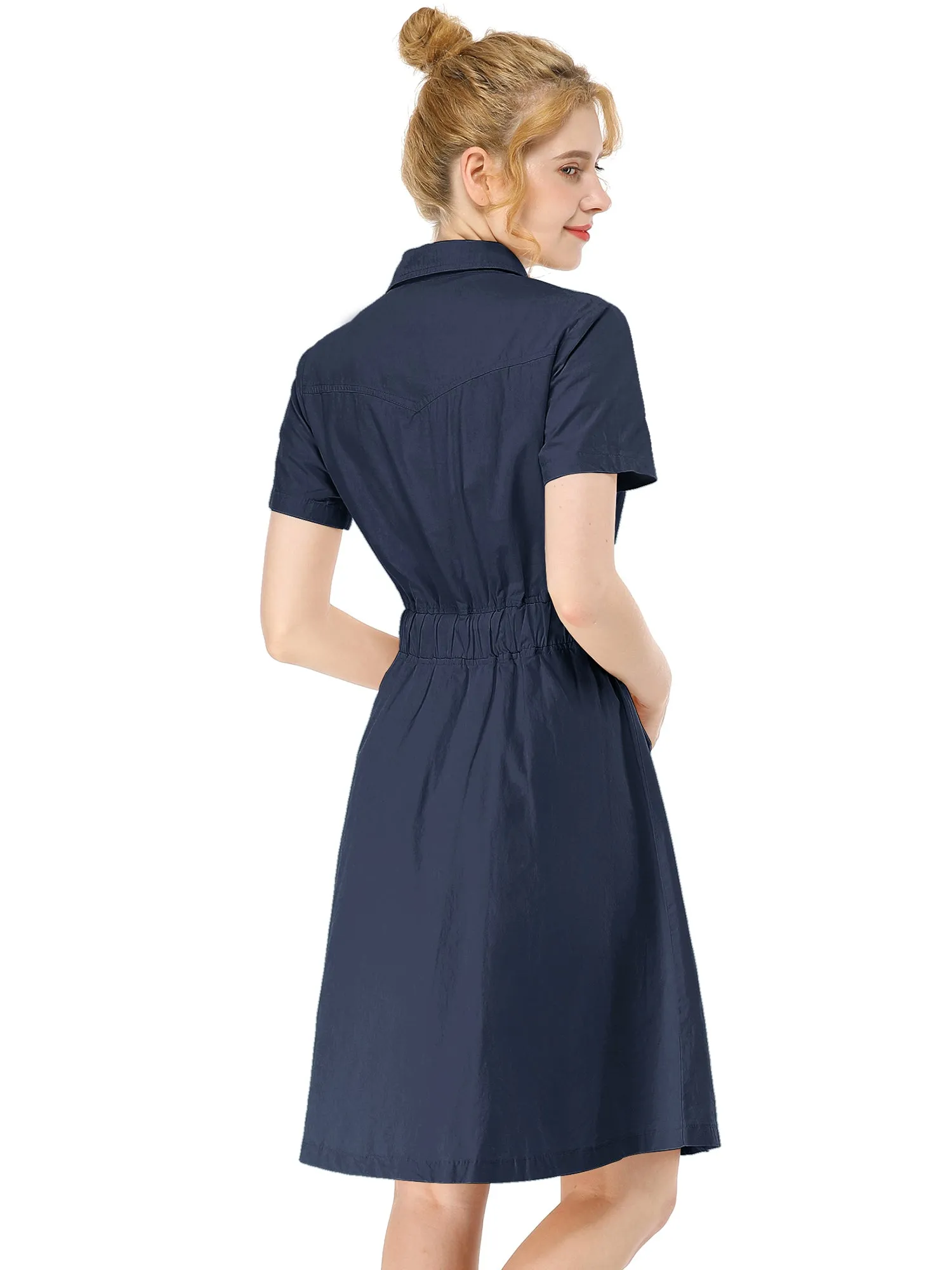 Cotton Button Down Lace-Up Collar Cargo Shirt Dress