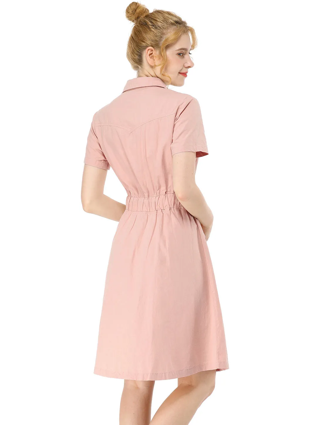 Cotton Button Down Lace-Up Collar Cargo Shirt Dress
