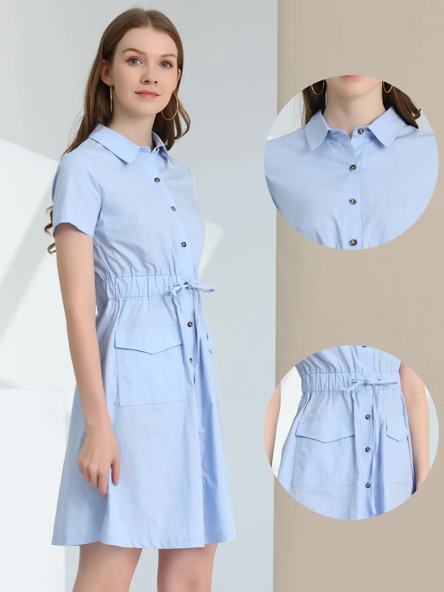 Cotton Button Down Lace-Up Collar Cargo Shirt Dress
